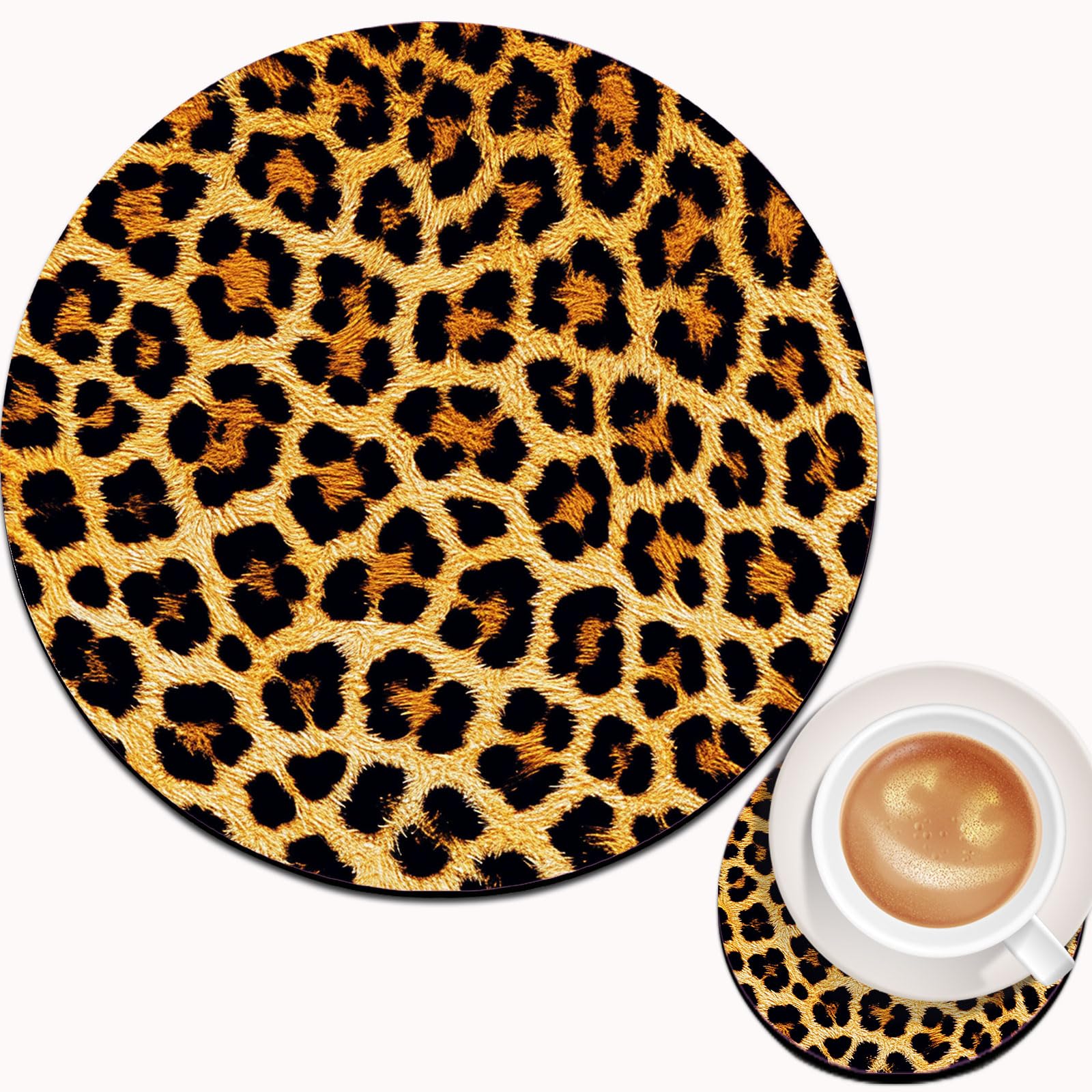 Non-Slip Rubber Gaming Mouse Pad & Coffee Coaster Set - Round Computer Laptop Desk Accessory with Leopard Print Design for Office, Home, and Gaming Setup