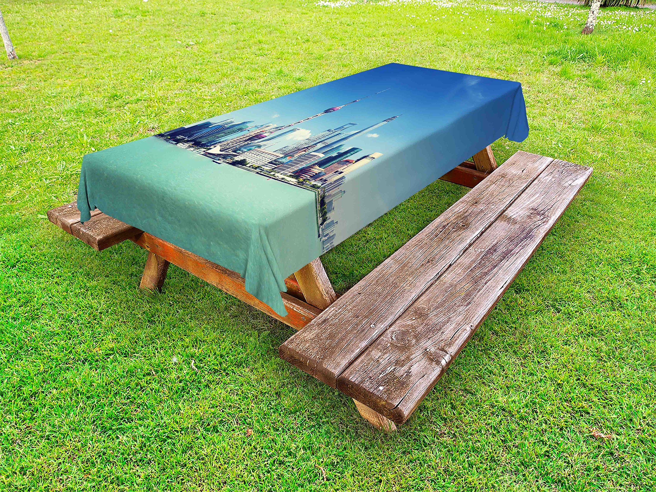 Ambesonne Shanghai Skyline Tablecloth - 58x120 Inch Waterproof Outdoor Picnic Table Cover with Modern Pudong River Cityscape Design in Mint Green Blue Grey | Perfect for Garden Parties, BBQs, and Patio Dining