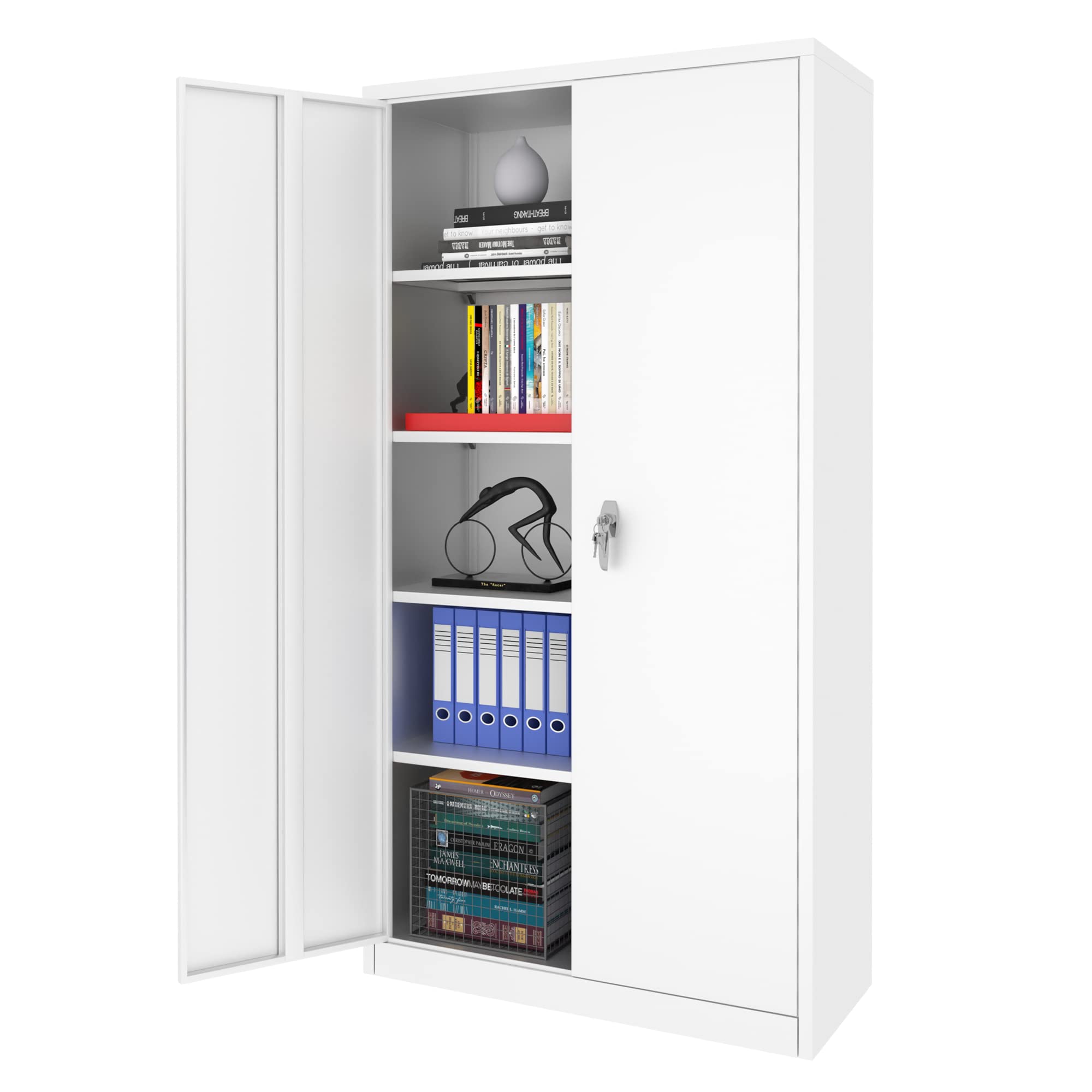 SUXXAN 72'' Large Industrial Metal Storage Cabinet with Lock & 4 Adjustable Shelves - Heavy Duty Steel Two-Door Cabinet for Home Office Organization - Perfect for Storing Tools, Files & Office Supplies (White, Assembly Required)