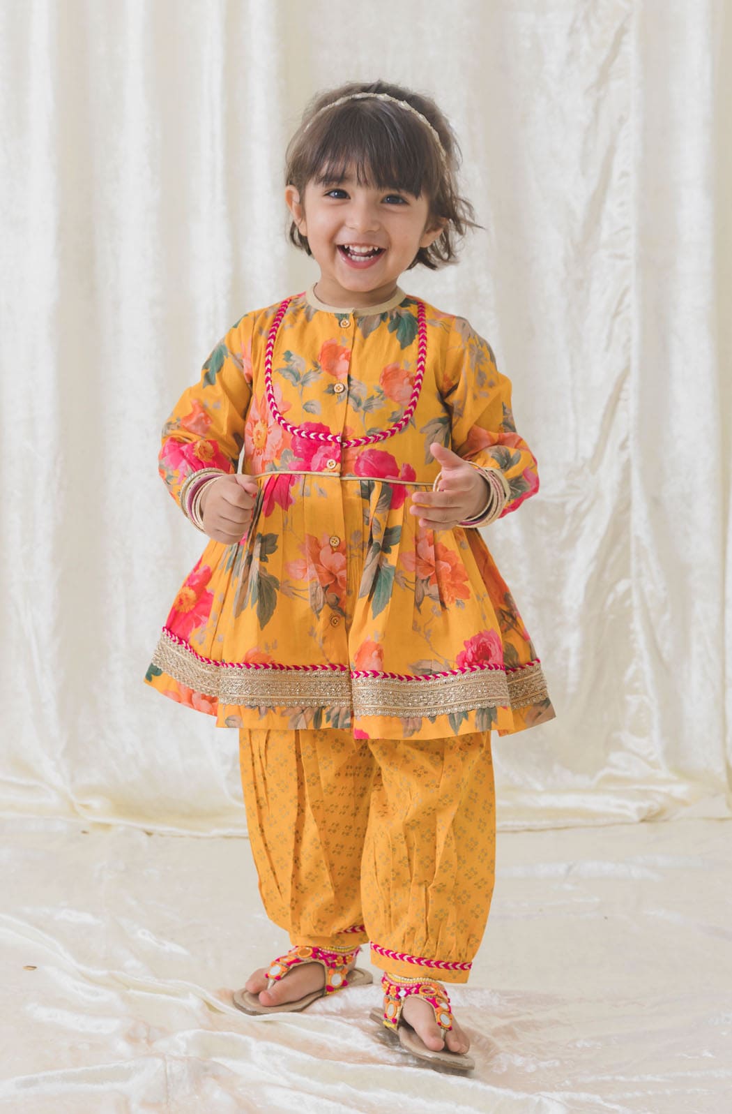 Baby Girls Garden Bloom Angrakha Set - Yellow Floral Ethnic Dress for Toddlers | Perfect for Birthday Parties, Festivals & Special Occasions