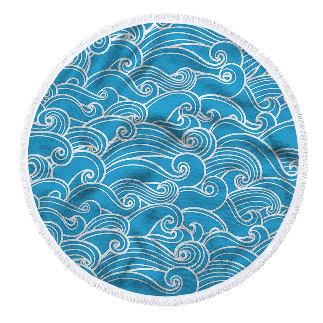 Premium Round Beach Towel Blanket - Blue Ocean Waves Seamless Border Design, Soft Microfiber with Tassels (63 Inch) for Women - Perfect for Beach Vacations, Poolside Lounging & Summer Outdoor Activities