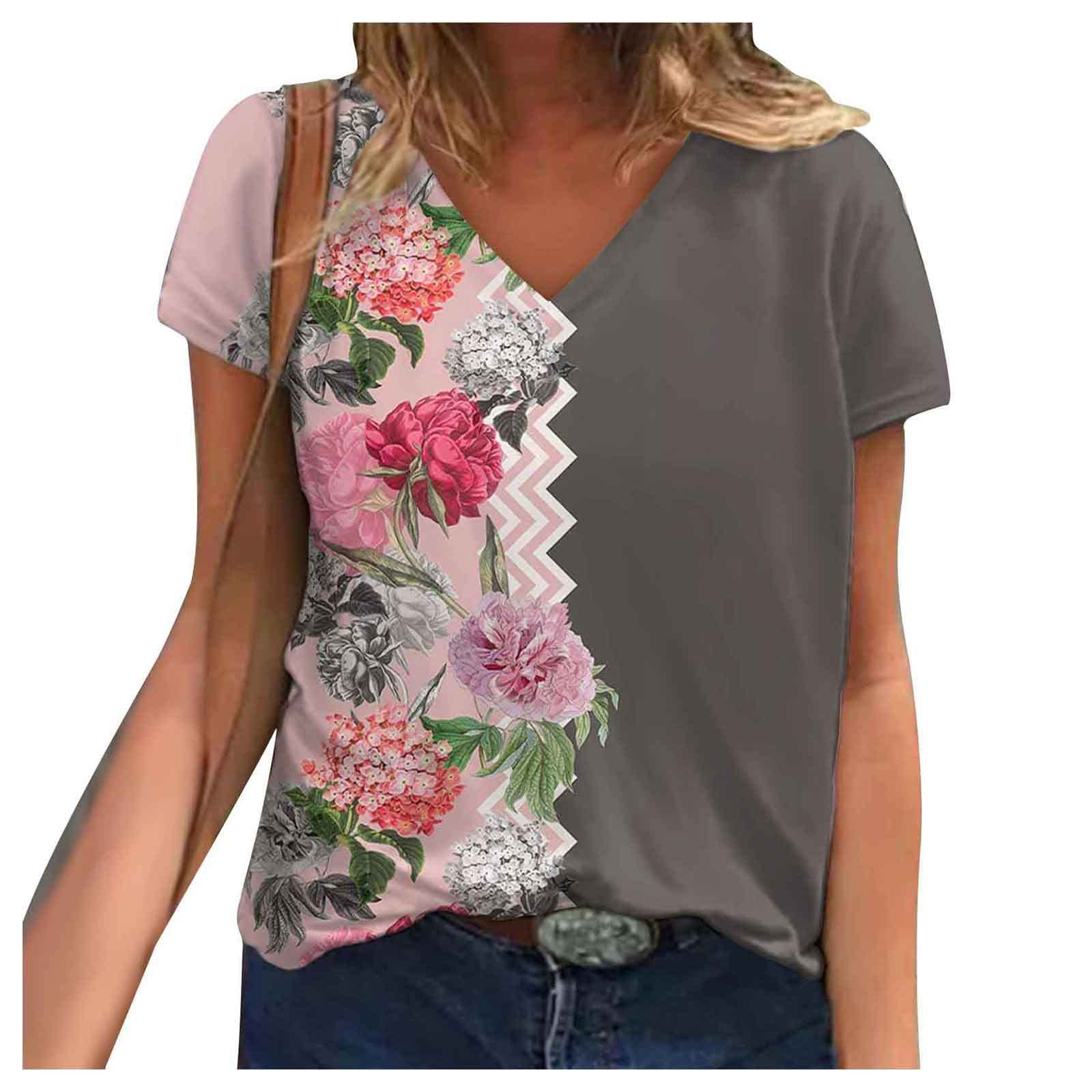 Trendy Summer Women's Graphic Tees - Landscape Print V-Neck T-Shirt, Casual Short Sleeve Loose Fit Blouse for Outdoor Adventures & Daily Wear