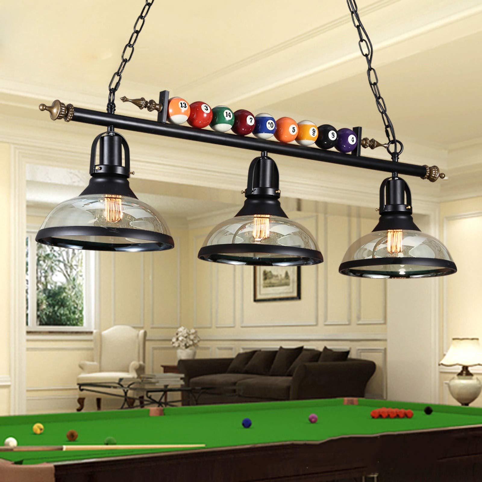 Pool Table Lights & Billiard Lighting - Farmhouse Chandelier with 3 Head Industrial Iron Fixture, Glass Lampshade for Kitchen, Bar & Game Room Decor | Perfect for Billiards, Pubs and Home Entertainment Spaces