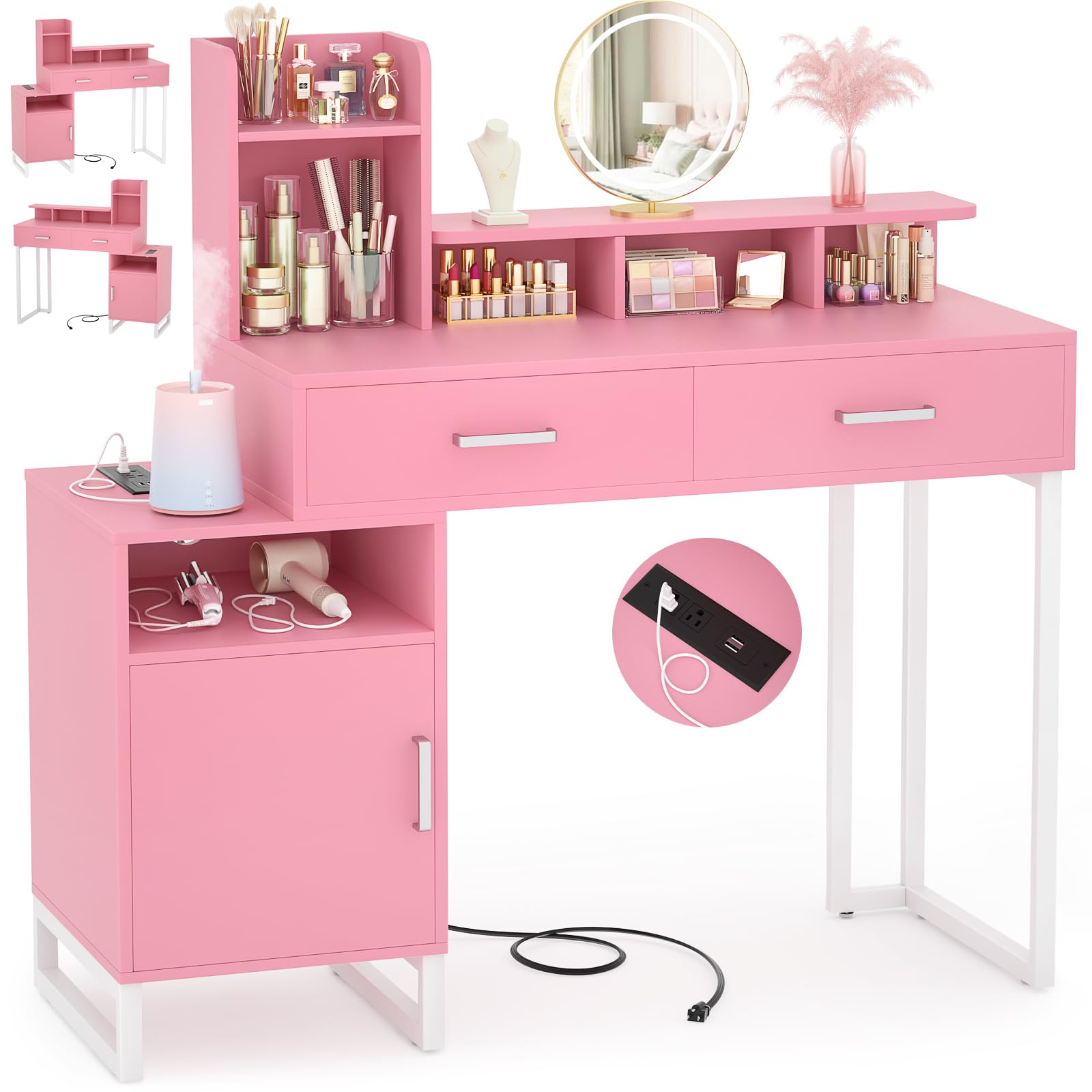 Pink Vanity Desk with Power Outlet & Storage - Small Makeup Desk with Drawers, Cabinets & Shelves for Bedroom Organization | Perfect for Cosmetics, Jewelry & Beauty Essentials