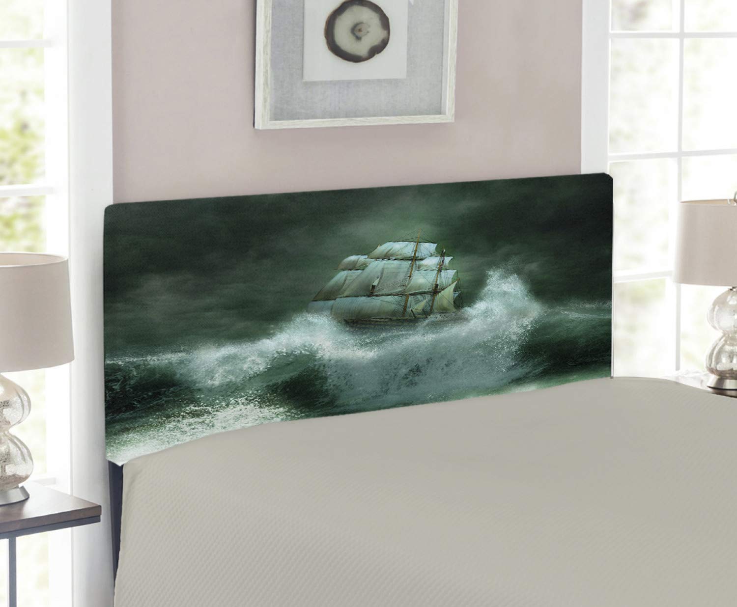 Ambesonne Pirate Ship Headboard - Old Ship in Thunderstorm Fantasy Adventure Digital Art Upholstered Metal Bed Frame with Memory Foam, Twin Size, Jade & Dark Green - Perfect for Kids' Bedroom, Nautical Theme Decor, and Adventure Lovers