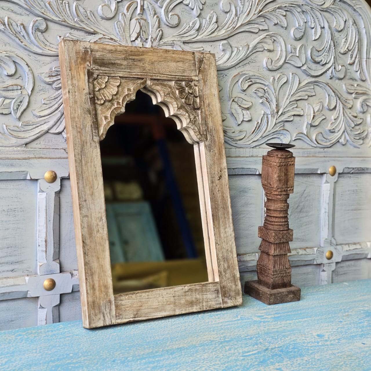 Handmade Floral Carved Solid Wood Indian Furniture Mirror Frame - Rustic Natural Wooden Wall Mirror for Bedroom, Living Room & Home Decor
