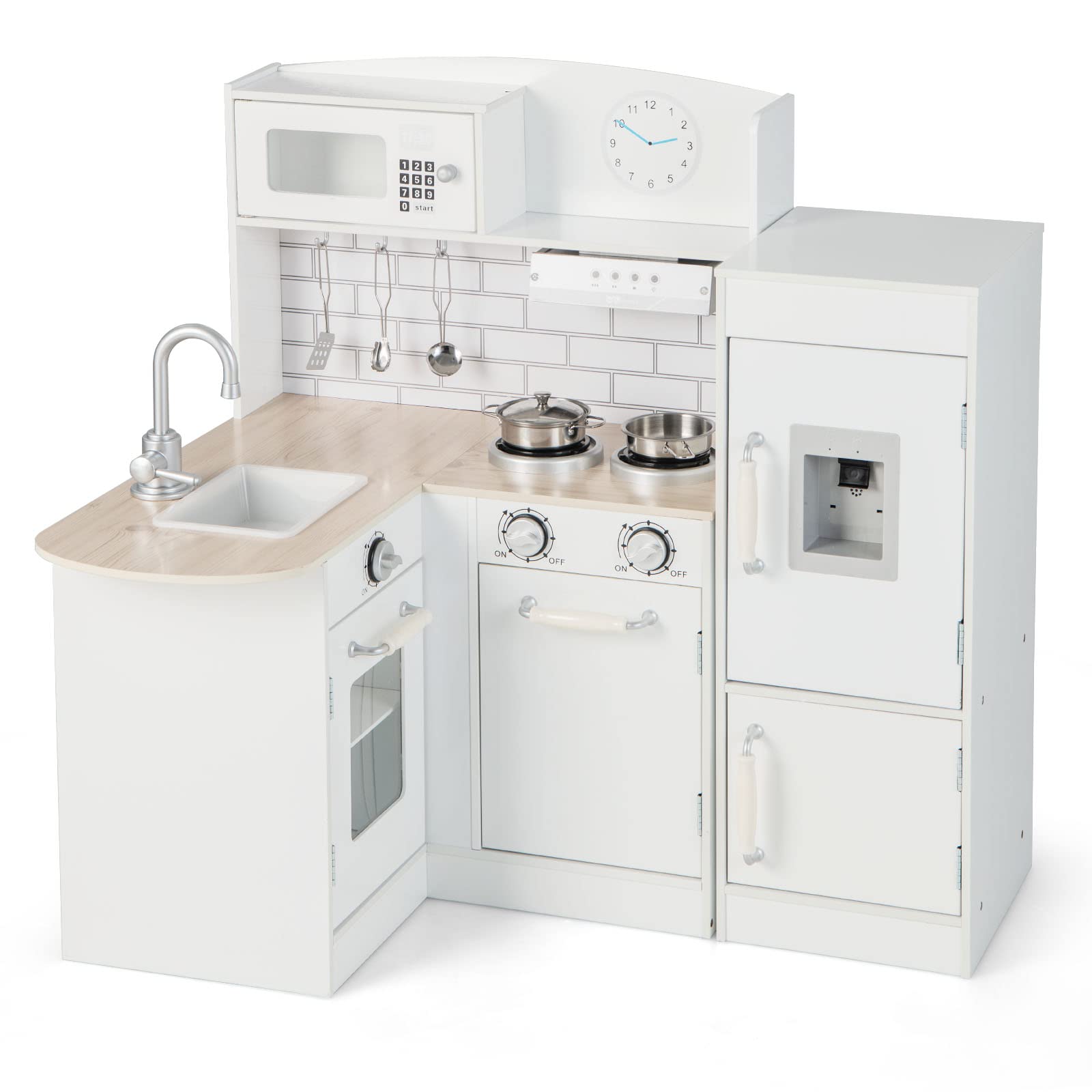 HONEY JOY Wooden Play Kitchen Set for Toddlers - Pretend Toy Kitchen with Water Dispenser, Microwave, Range Hood, Refrigerator & Cookware - Interactive Kids Kitchen Playset with Lights & Sounds - Perfect for Pretend Play, Role-Playing & Early Learning