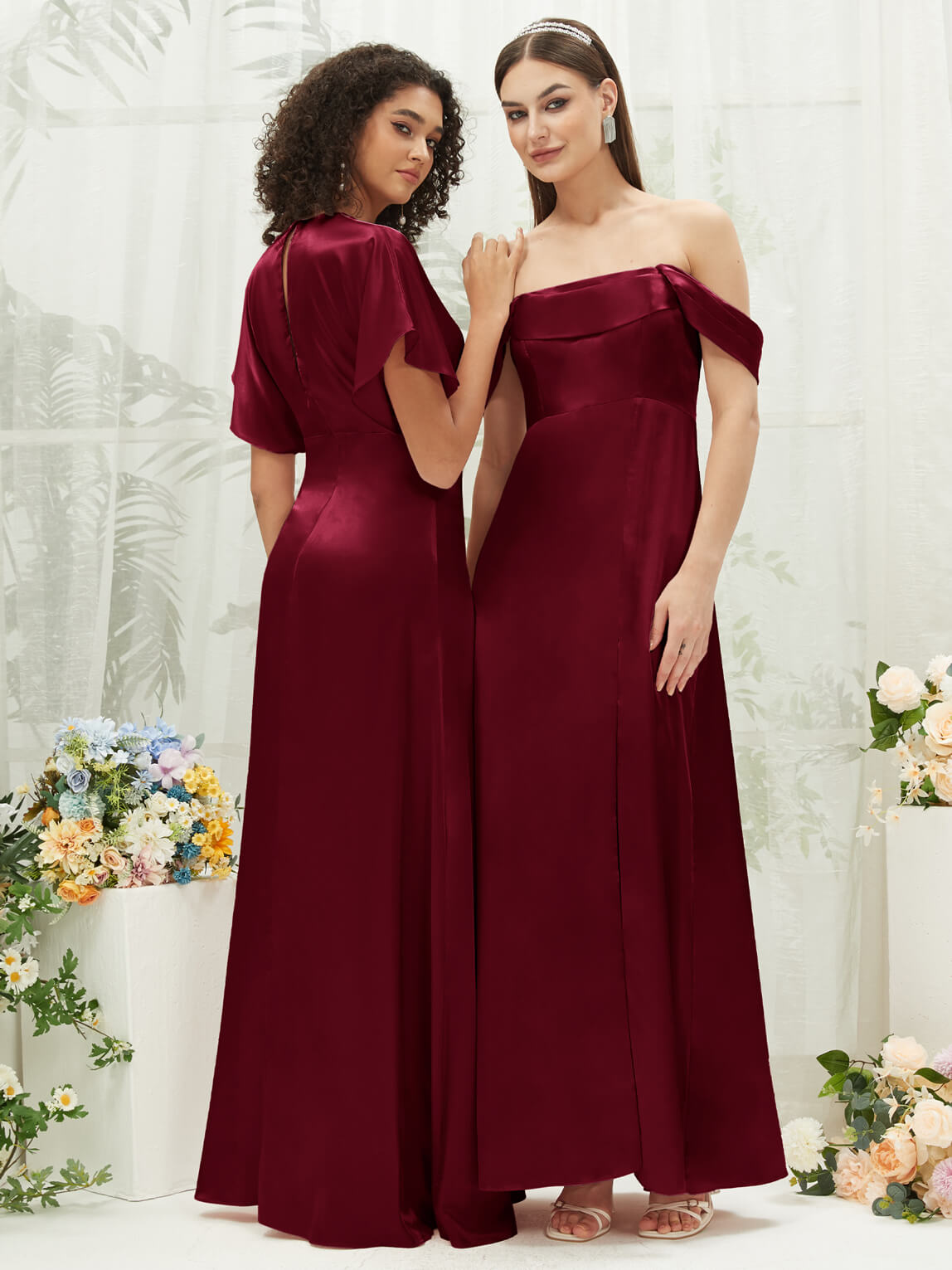 Elegant Burgundy V-Neck Short Sleeve Satin Maxi Bridesmaid Dress with High Slit | Formal Wedding Party Gown for Bridesmaids, Evening Events & Special Occasions