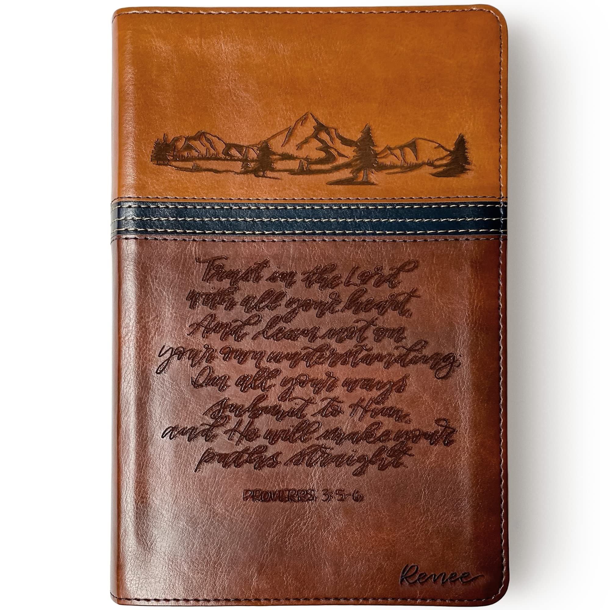 NIV Study Bible - Brown & Blue Hand Illustrated Laser Engraved Cover with Custom Name - Personalized Religious Gift for Birthday, Graduation, Baptism, Wedding & Anniversary - Perfect for Daily Devotion & Scripture Study