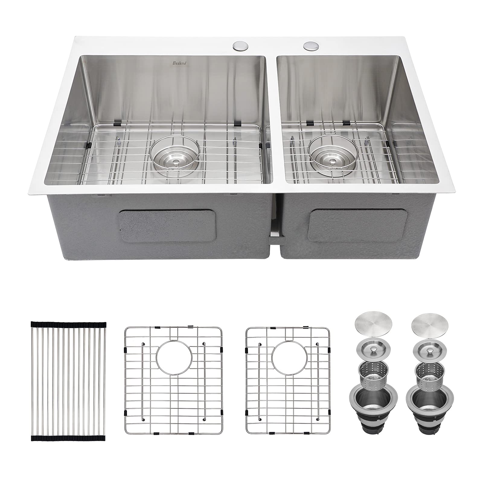 33 Inch Drop In Kitchen Sink - Topmount Stainless Steel 16 Gauge Double Bowl Sink 60/40 Split - 33