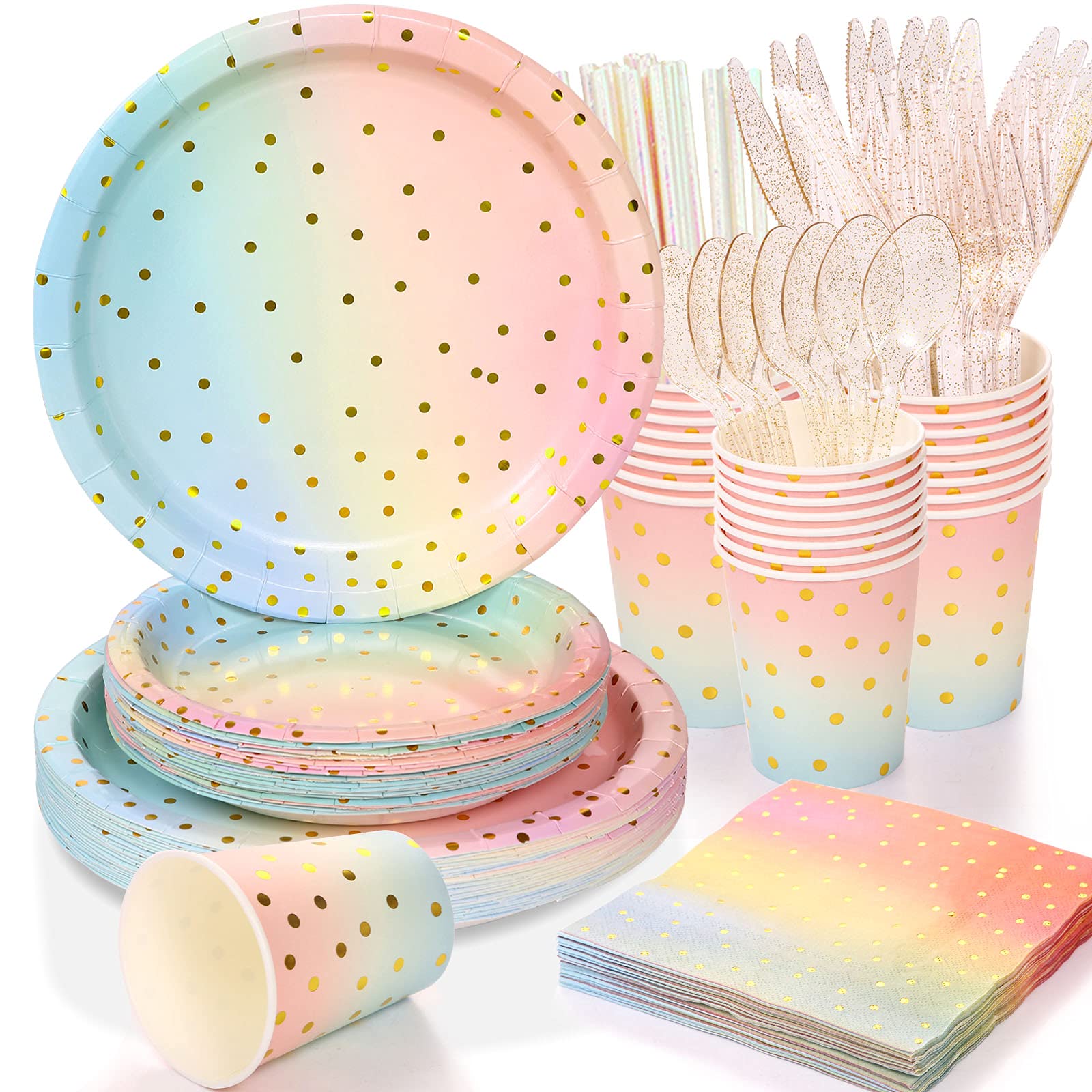 200-Piece Pastel Party Supplies Set - Golden Dot Disposable Paper Plates, Dinner Plates, Dessert Plates, Cups, Napkins, Straws & Cutlery for Birthday, Baby Shower, Wedding & Rainbow Themed Parties - Perfect for Indoor & Outdoor Celebrations