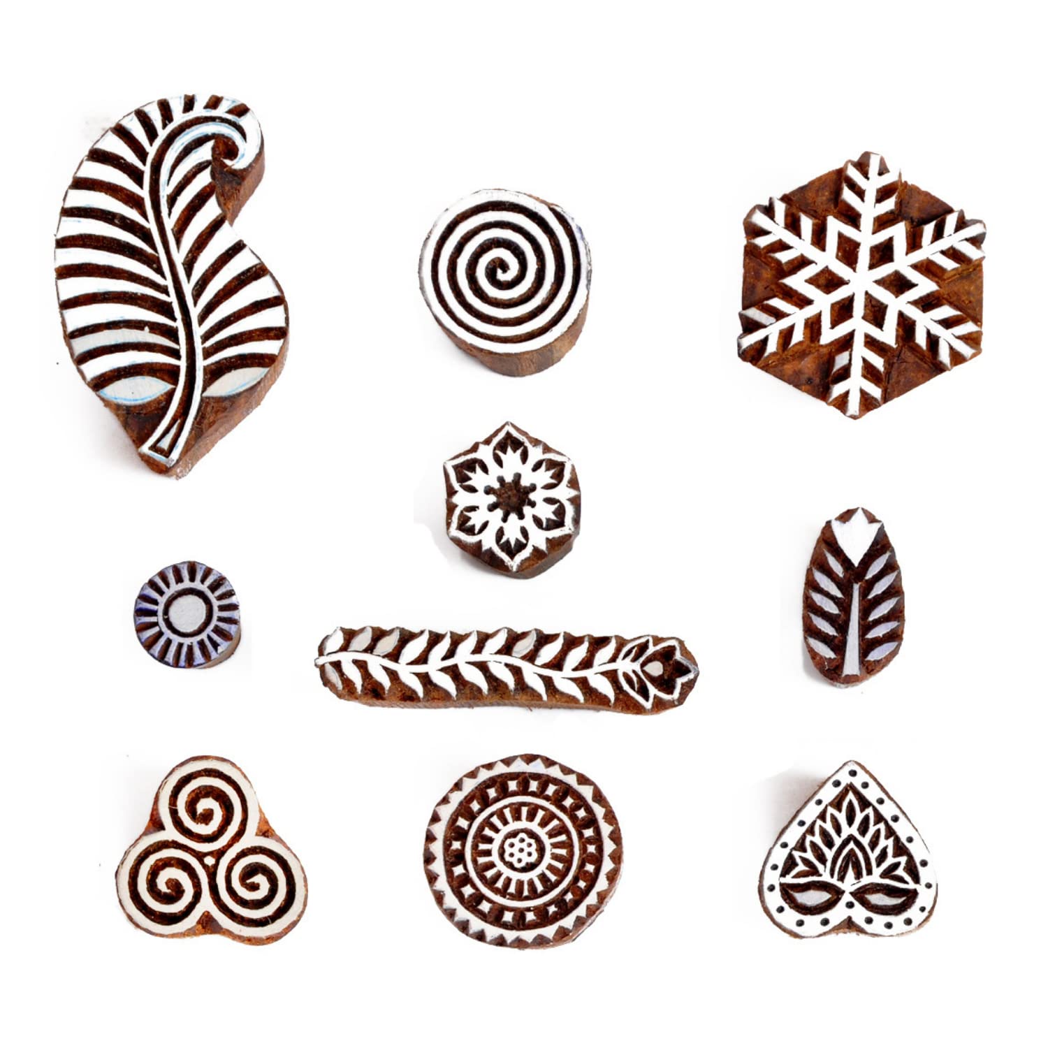 Wooden Pottery Printing Blocks - Pack of 10 Handcrafted Clay & Textile Stamps for DIY Crafts, Saree Borders, Ceramics & Tattoo Designs - Perfect for Pottery Making, Fabric Printing & Art Projects - HASHCART®