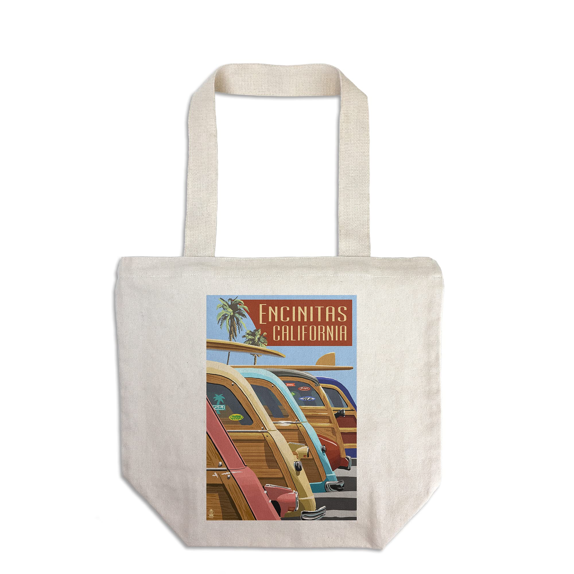 Lantern Press Encinitas California Woodies Lined Up - 100% Cotton Canvas Reusable Tote Bag for Shopping, Beach & Groceries | Eco-Friendly Carry All