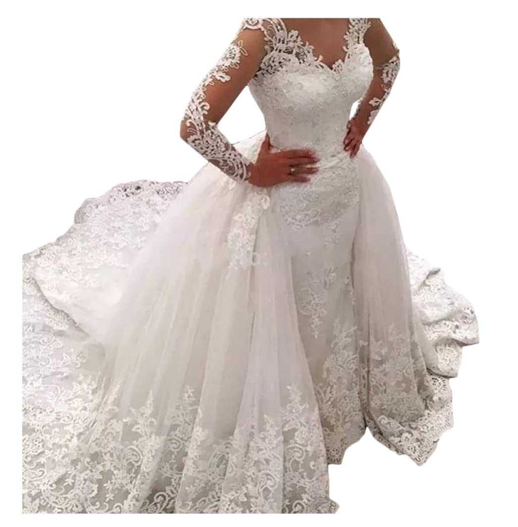 Elegant Tsbridal Detachable Skirt Wedding Dress with Long Sleeves & Lace Details | Mermaid Style Bridal Gown for Church, Beach, or Formal Weddings