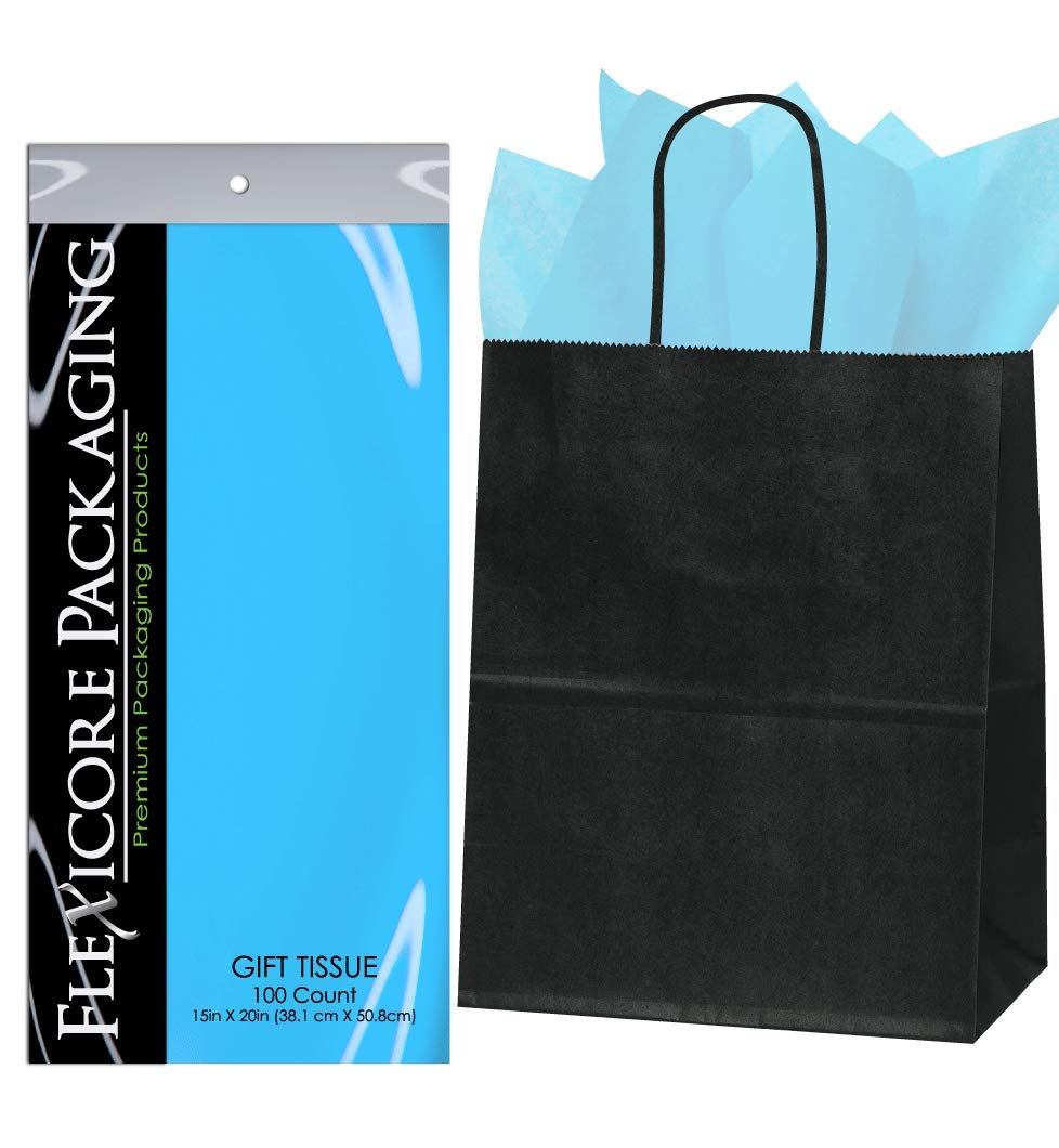 Premium Black Kraft Paper Gift Bags with Light Blue Tissue Wrap - 8