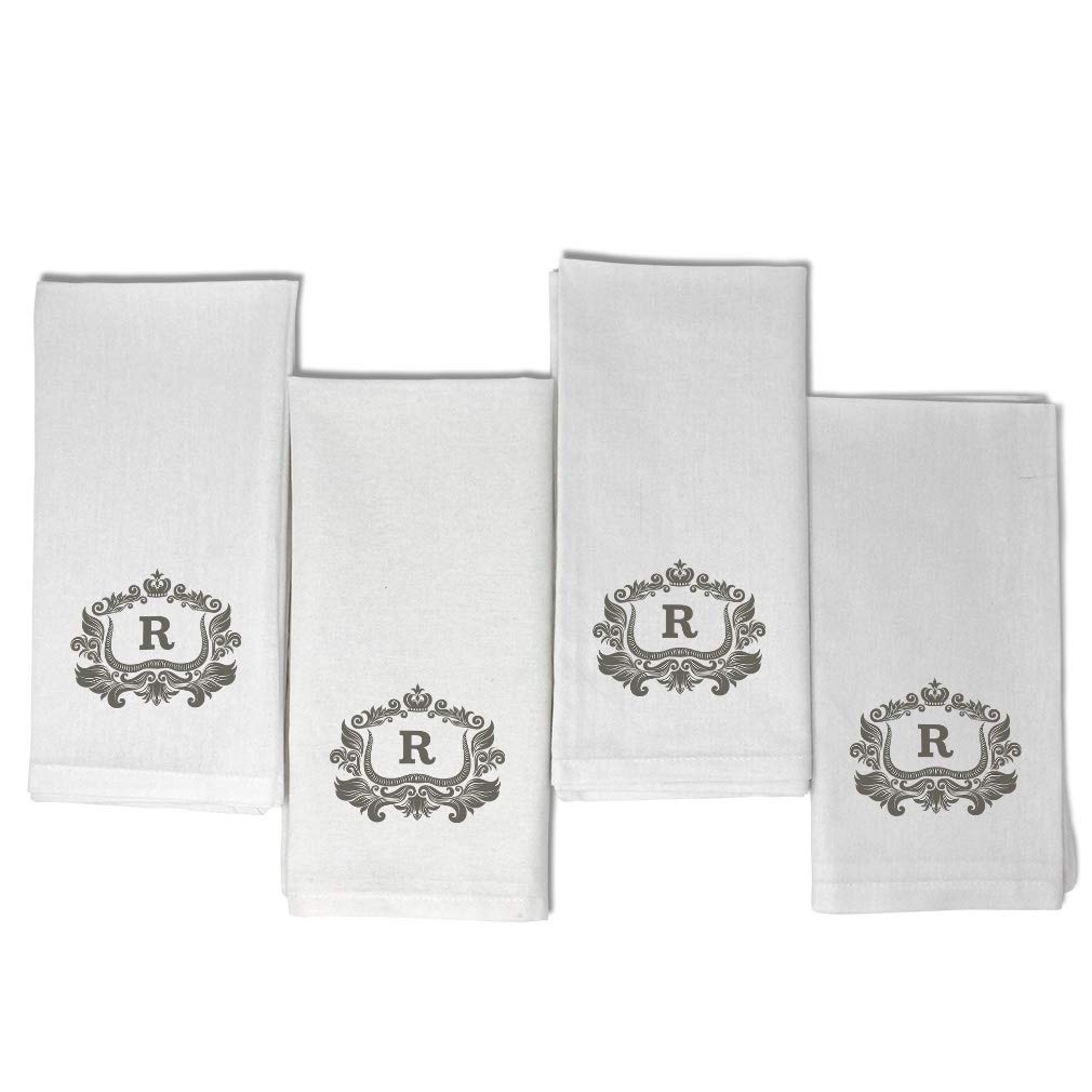 Custom Monogrammed Hand Towels & Cloth Napkins Set of 4 - Elegant Crown Border Design in White & Grey | Perfect for Kitchen, Party Supplies & Hostess Gifts