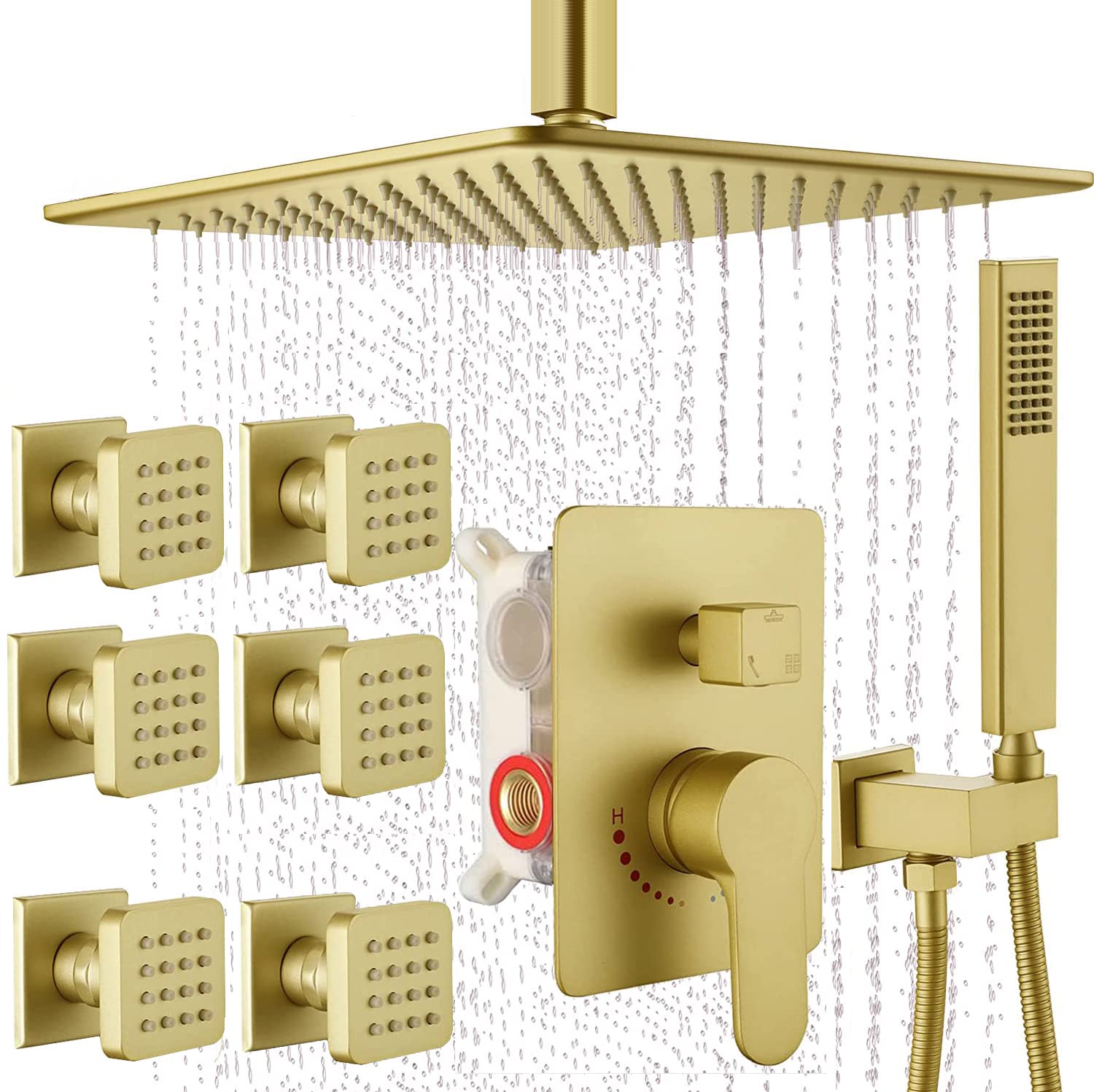 Matte Gold Shower System - 10 Inch Brass Ceiling Mounted Rainfall Shower Head with 6 Body Jets & Handheld Shower - Complete Rough-in Mixer Valve Set for Luxurious Spa Experience at Home