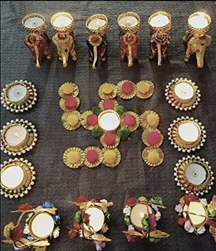 Handmade Tea Light Candle Set - 16 Piece Assortment (6 Elephant, 6 Pearl, 4 Butterfly with Flowers) - SWASTIK Rangoli Combo for Home Decor, Wedding Centerpieces & Diwali Celebrations