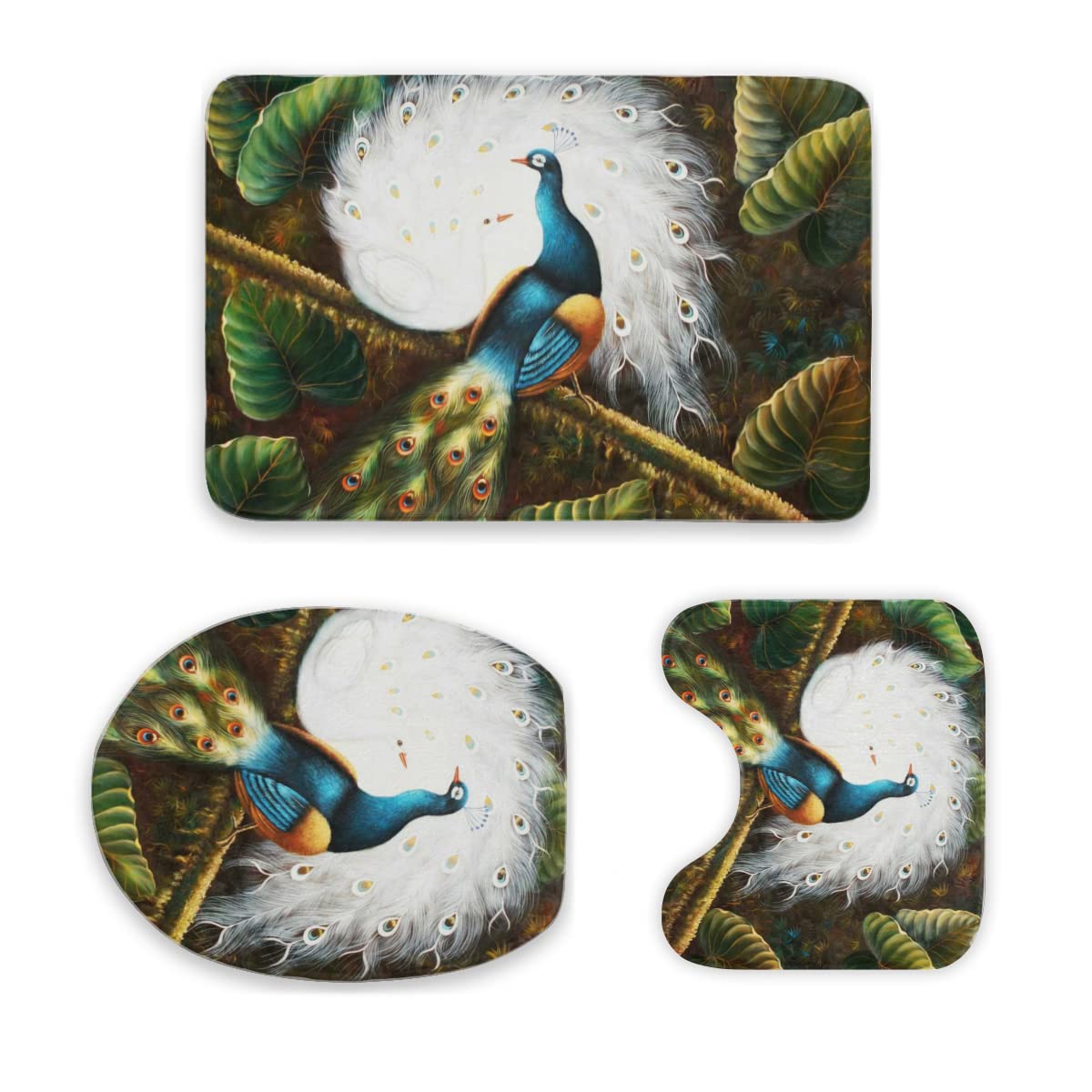 3-Piece Bathroom Rug Set - Non-Slip, Absorbent & Washable Toilet Mats with Tropical Peacock Design - Soft Bath Carpet for Bathroom Floor - Perfect for Master Bath, Guest Bath & Apartment Decor