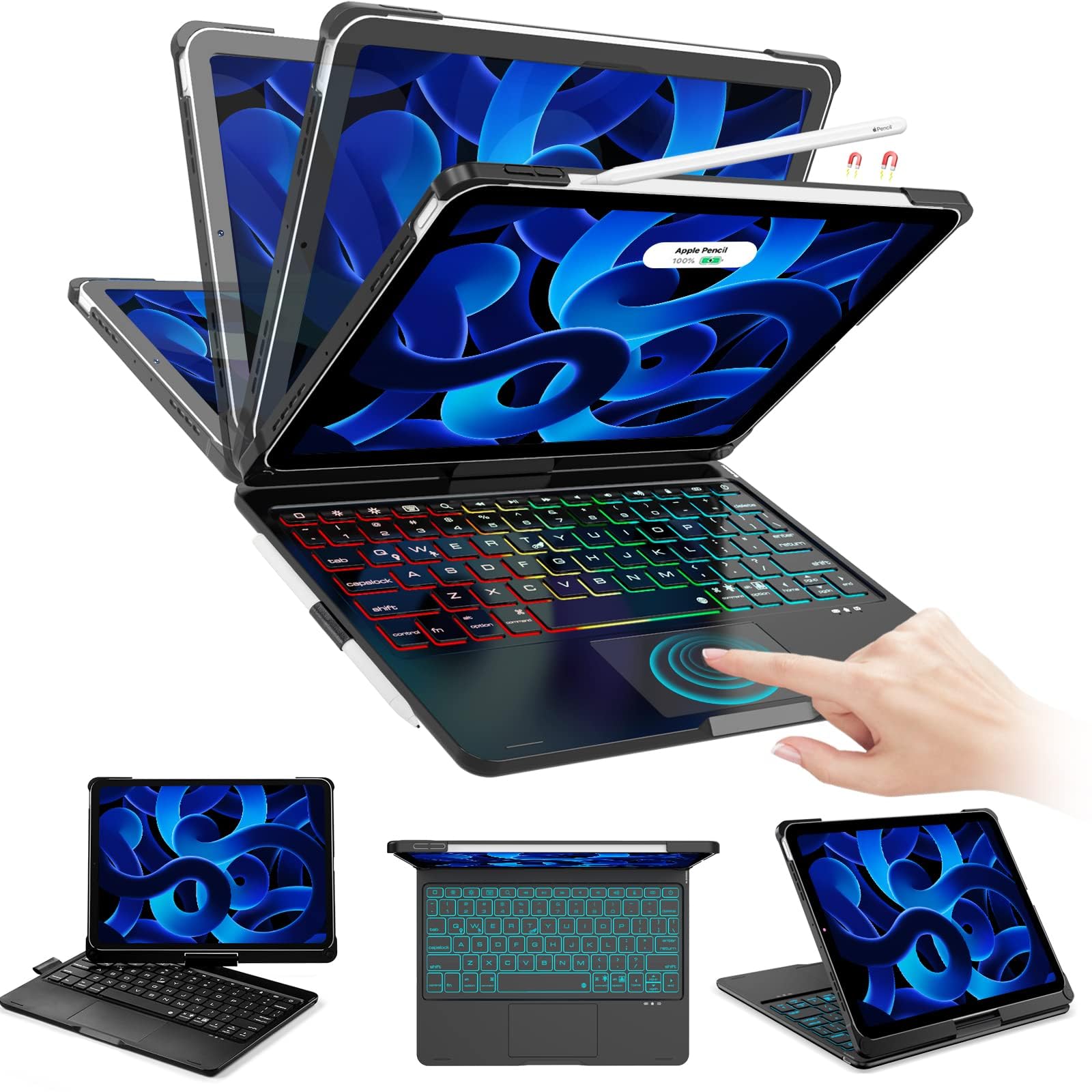 iPad Air 11-inch (M2) 2024 & iPad Pro 11 Keyboard Case with Multi-Touch Trackpad, Rainbow Backlit, 360° Rotatable & Apple Pencil Holder - Compatible with 1st/2nd/3rd/4th Gen & iPad Air 5th/4th 10.9
