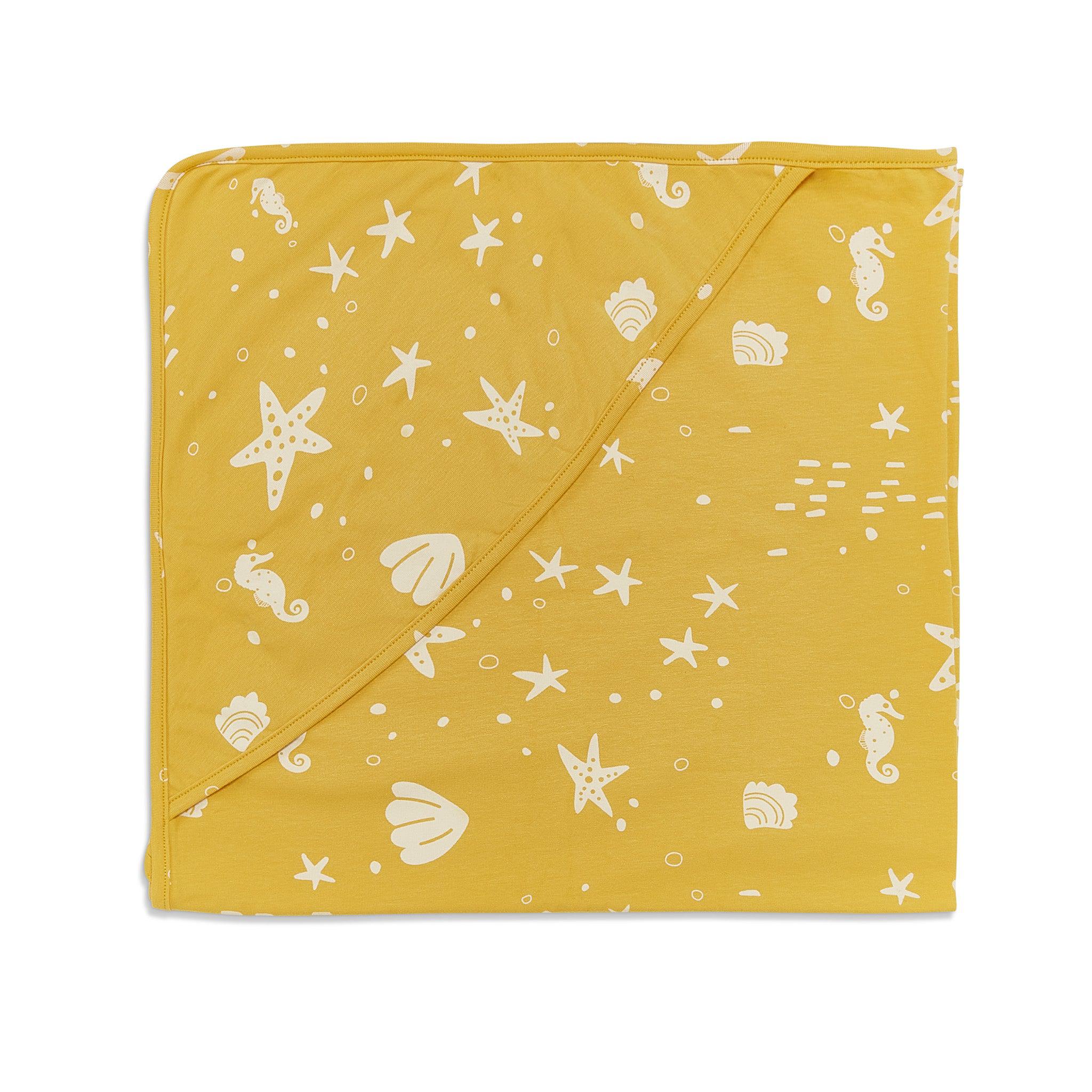 Organic Print Receiving Blanket - Sunny Yellow Seashells Design | Soft Baby Swaddle Blanket for Newborns | Perfect for Nursery, Gift Giving & Photo Shoots