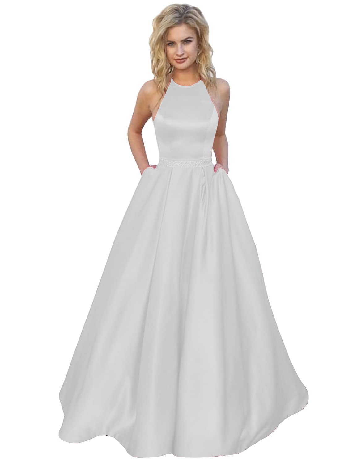 Clothfun Women's Elegant Halter Neck Prom Dress - Long Satin Ball Gown with Beaded Details & Pockets for Formal Parties, Homecoming, Wedding Guest CY020 | Perfect for Prom Night, Evening Galas & Special Occasions