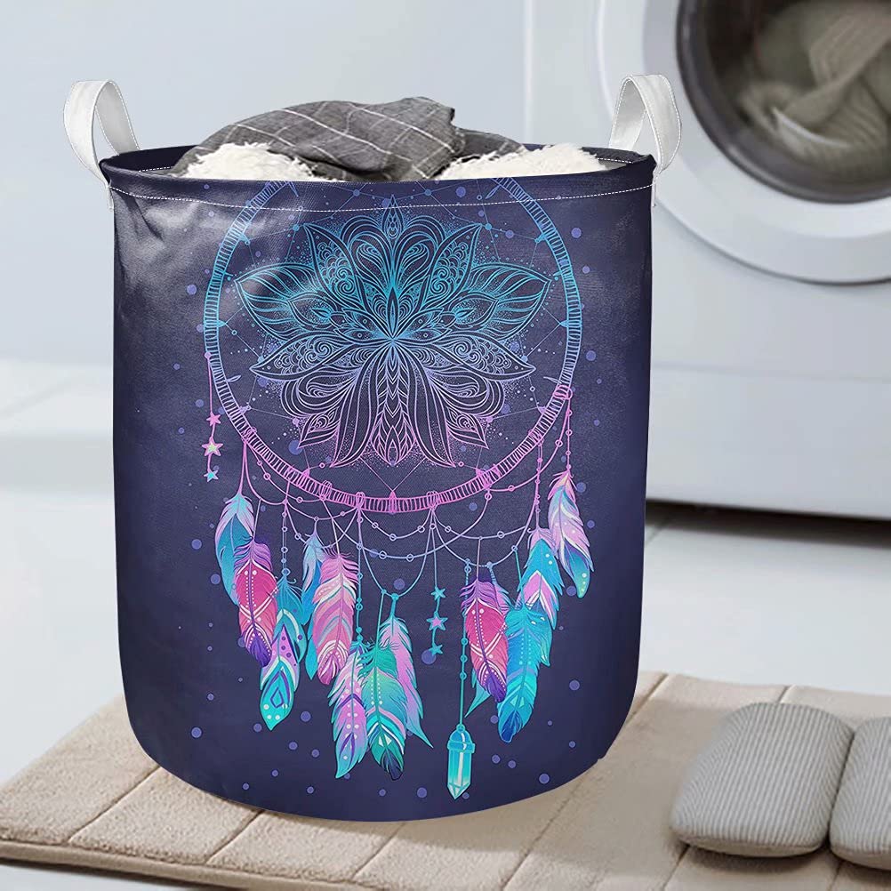 KUIFORTI Dreamcatcher Laundry Hamper with Handles - Collapsible Round Clothes Storage Basket for Bathroom, Bedroom & Laundry Room - Printed Woven Fabric Clothes Bin for Dirty Laundry Organization