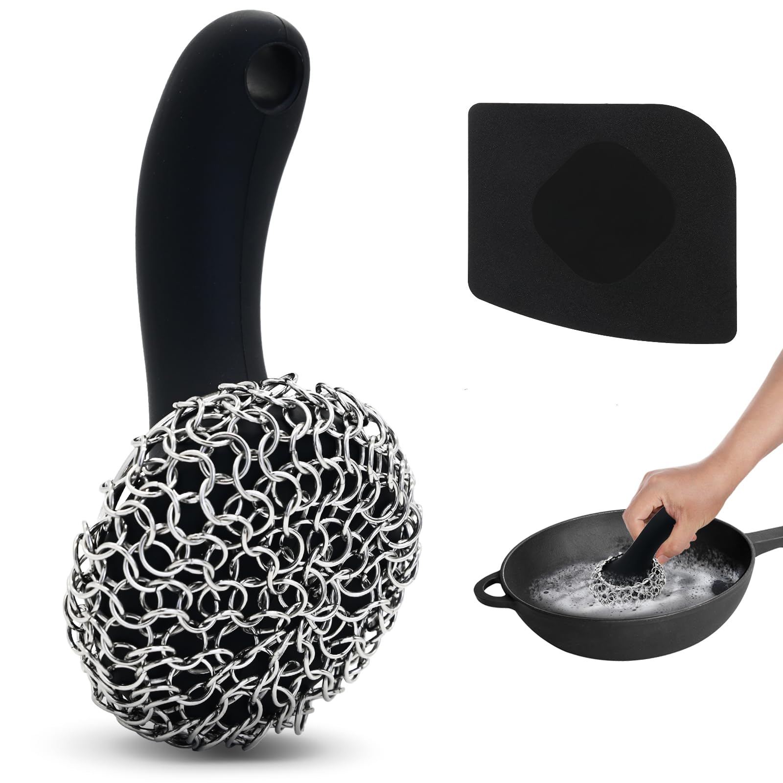 Premium 316 Stainless Steel Chainmail Scrubber for Cast Iron Pans - Long Handle Cast Iron Cleaner with Scraper - Dishwasher Safe Scouring Pad for Grill, Griddle & Cookware Cleaning (Black, 1 Scrubber + 1 Scraper) - Perfect for Camping, Outdoor Cooking & Kitchen Maintenance