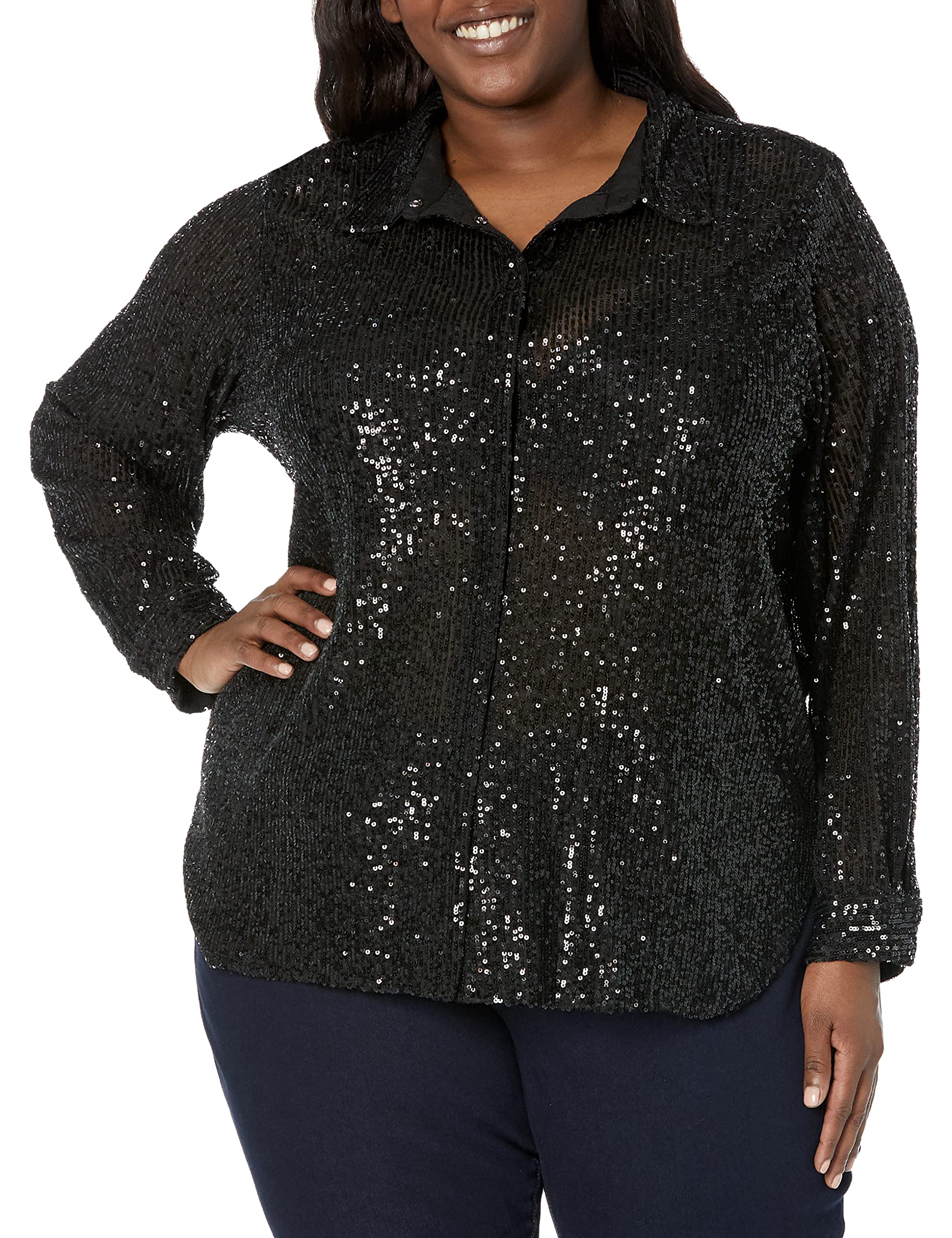 Calvin Klein Women's Plus Size Sequin Mesh Blouse - Elegant Oversized Collar Formal Shirt for Work, Party & Special Occasions
