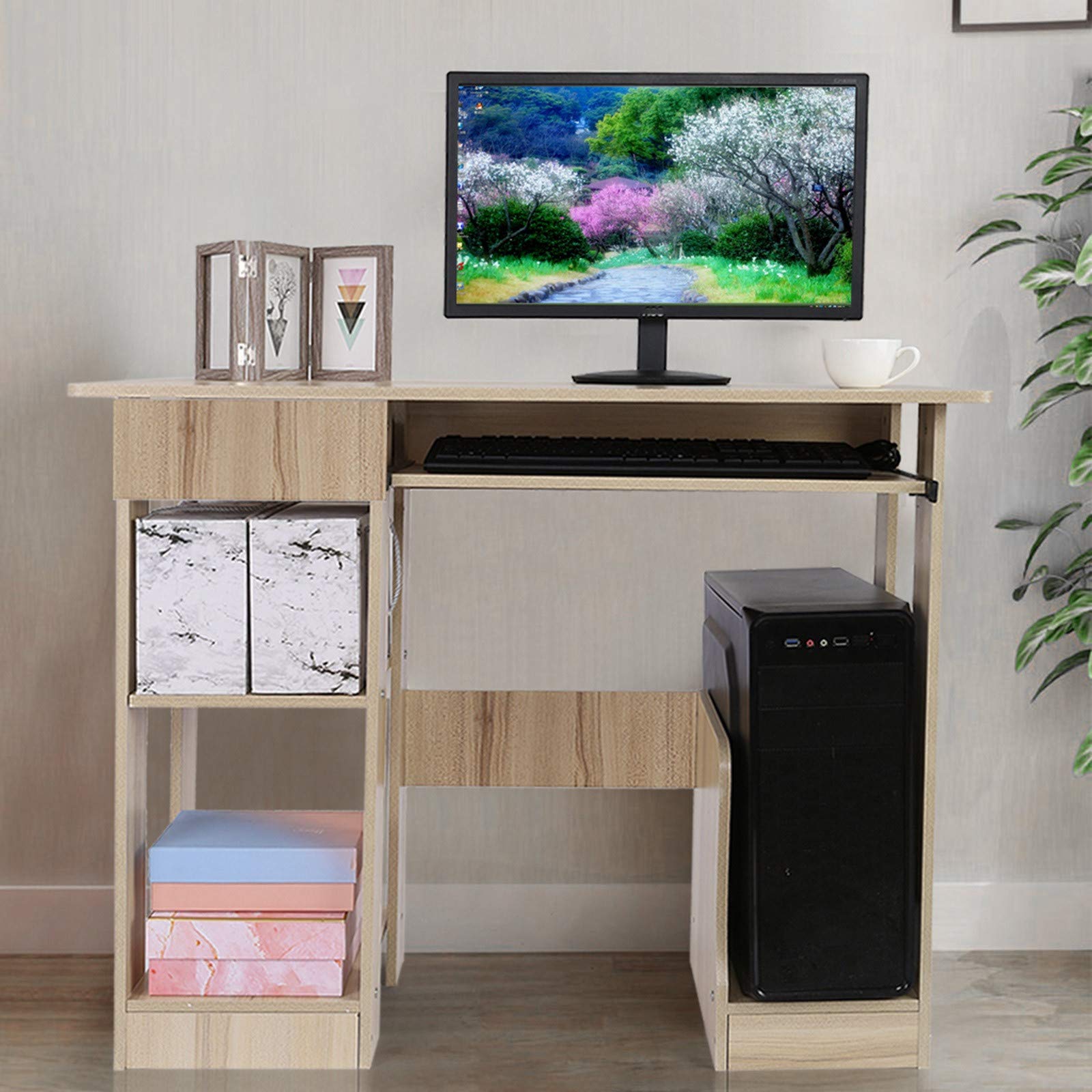 Modern Minimalist Pimea Home Office Desk - Beige Computer Desk for Writing & Work, Compact Design for Small Spaces, Perfect for Home Office, Study & Workspace