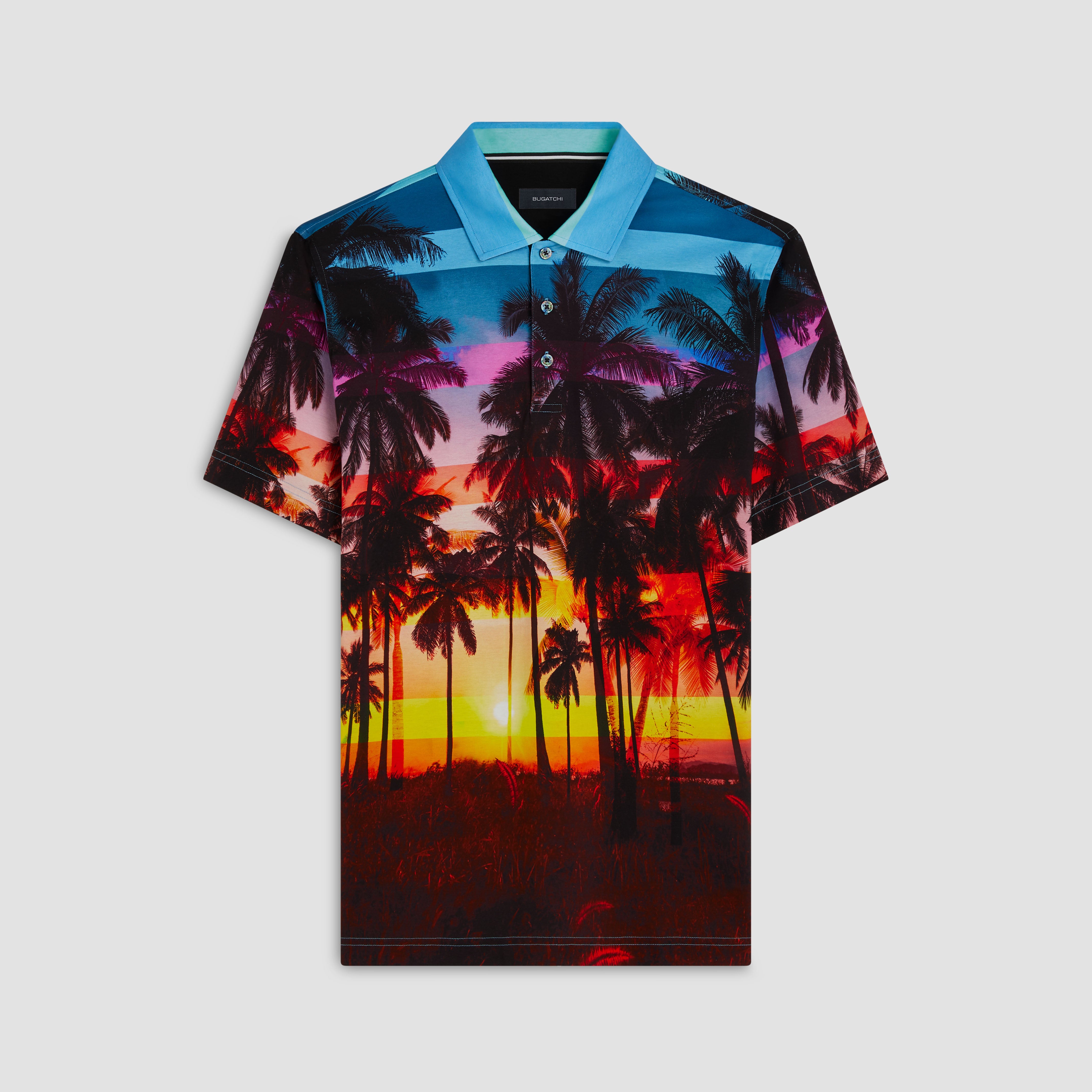 Hendrix Tropical Sunset Print Polo Shirt for Men - Casual Short Sleeve Button Down Shirt - Hawaiian Beach Vacation & Summer Outdoor Wear