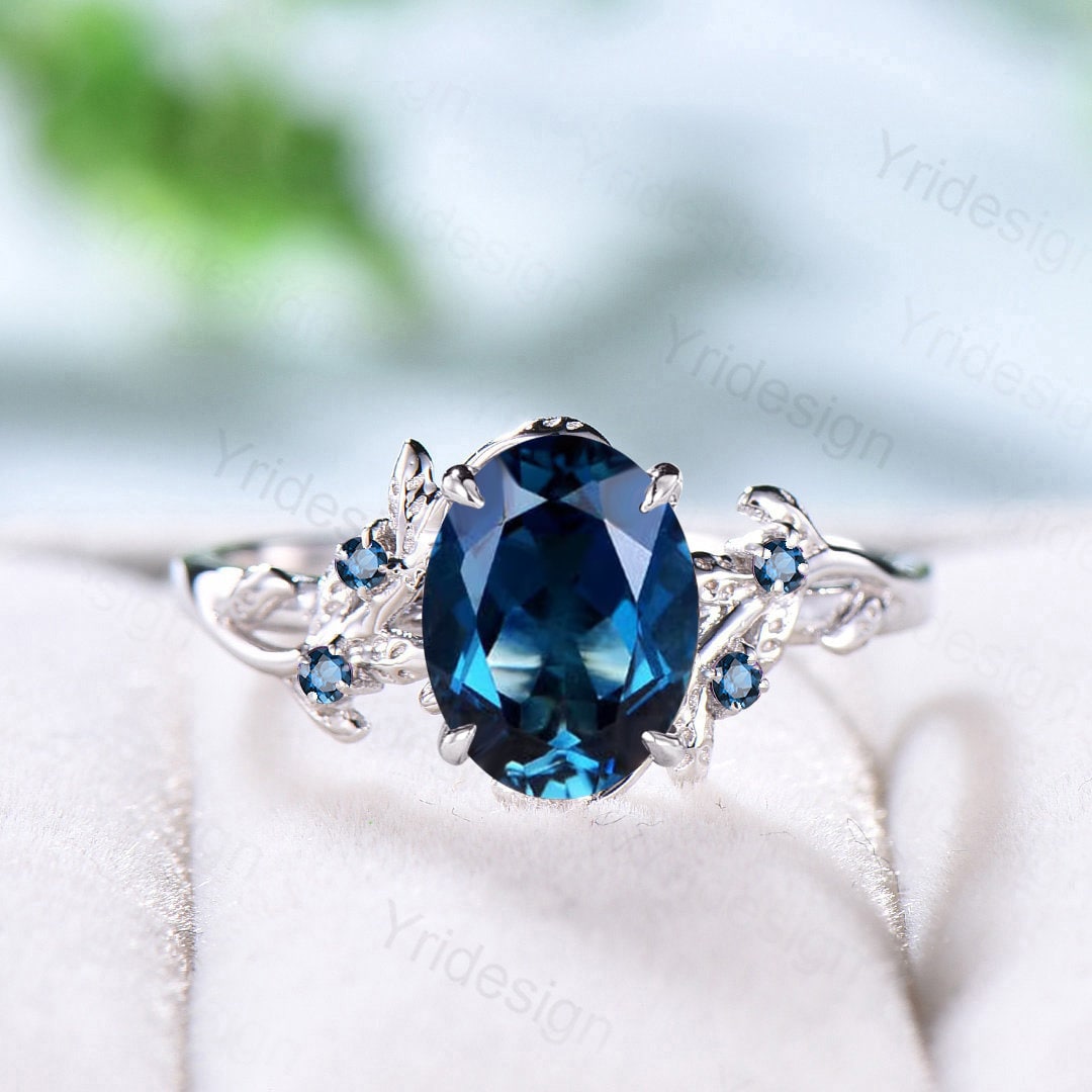Vintage London Blue Topaz Engagement Ring - Elegant Twig & Leaf Cluster Design, Natural Inspired Branch Wedding Ring for Women | Perfect for Proposals, Anniversaries & Special Occasions