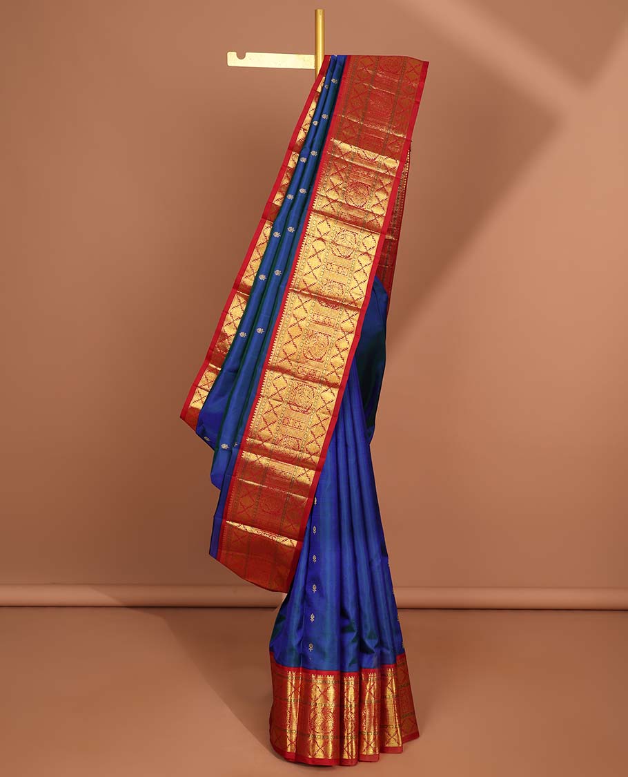 Blue Floral Butta Kancheepuram Silk Saree with Korvai Border - Traditional Rekku, Banaras & Paun Designs - Intricate Zari Work Pallu for Weddings, Festivals & Special Occasions