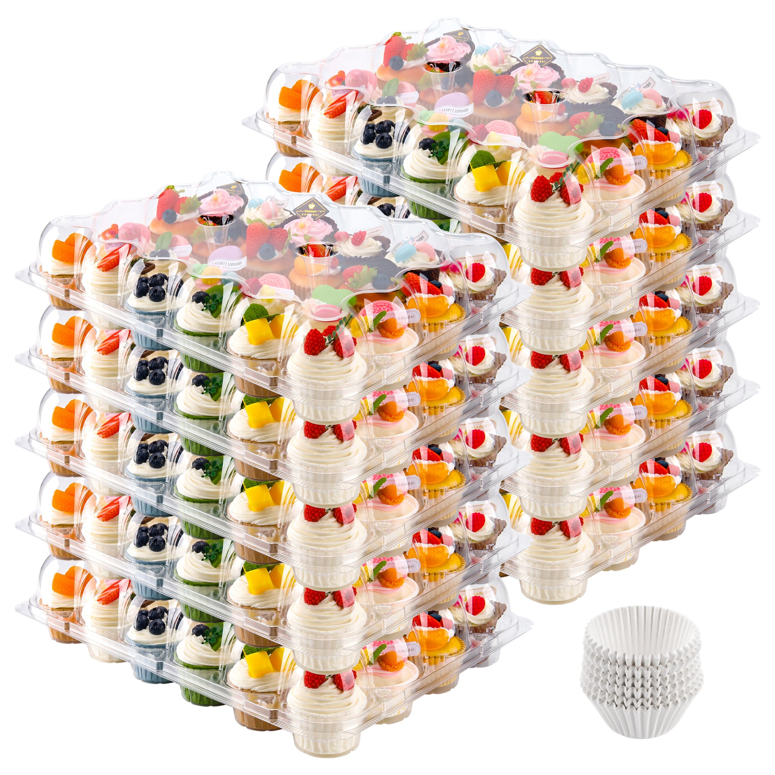 24-Pack Stackable Plastic Cupcake Containers with Detachable Tall Dome Lids & 240 Liners - BPA-Free Standard Size for Baking, Parties, and Dessert Display