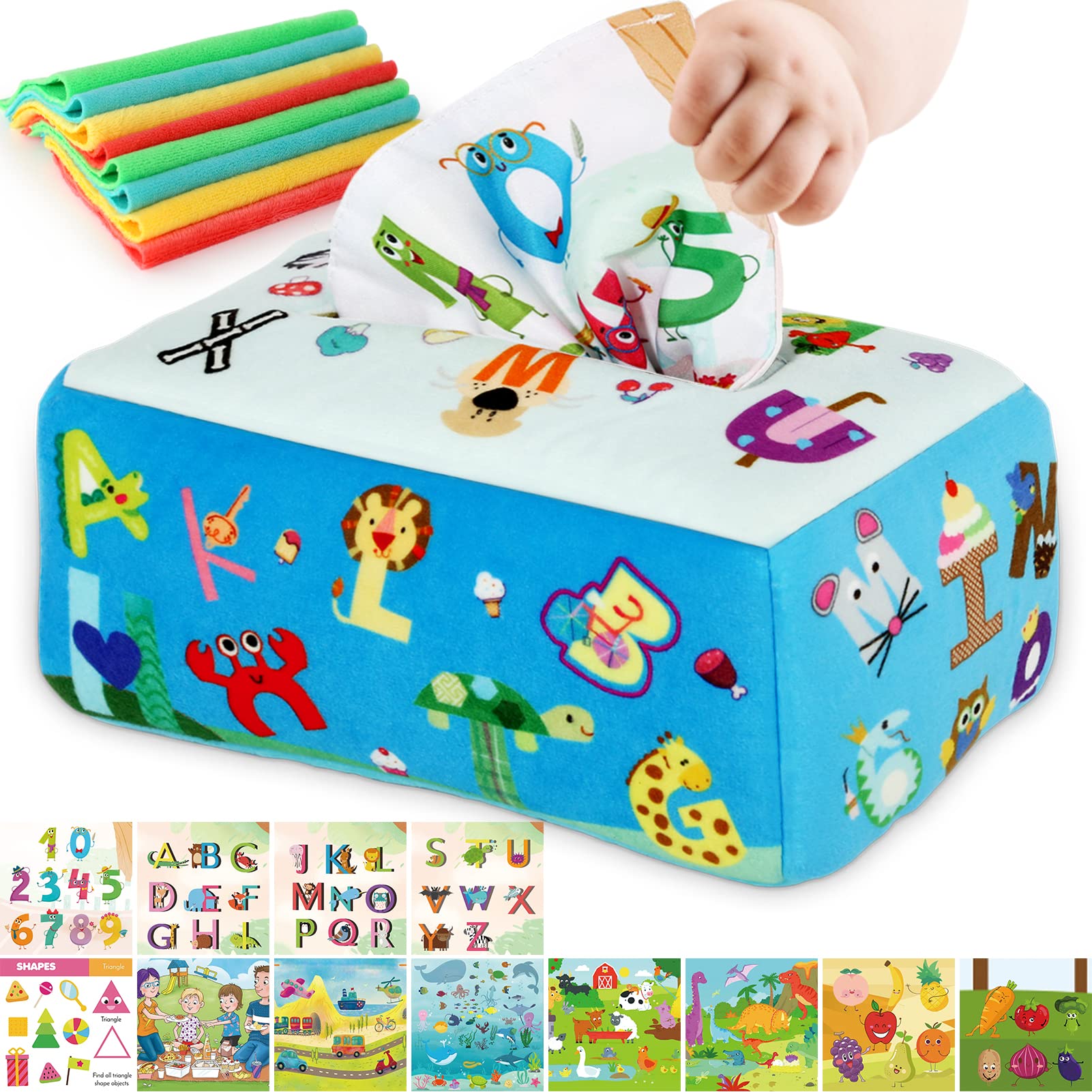 Montessori Baby Tissue Box Toy - Sensory Learning Toy for Infants 6-12 Months & 1 Year Old | Early Developmental Toy with 8 Velour & 6 Crinkle Papers | Perfect Gift for Toddlers | Great for Playtime, Motor Skills Development & Montessori Learning Activities
