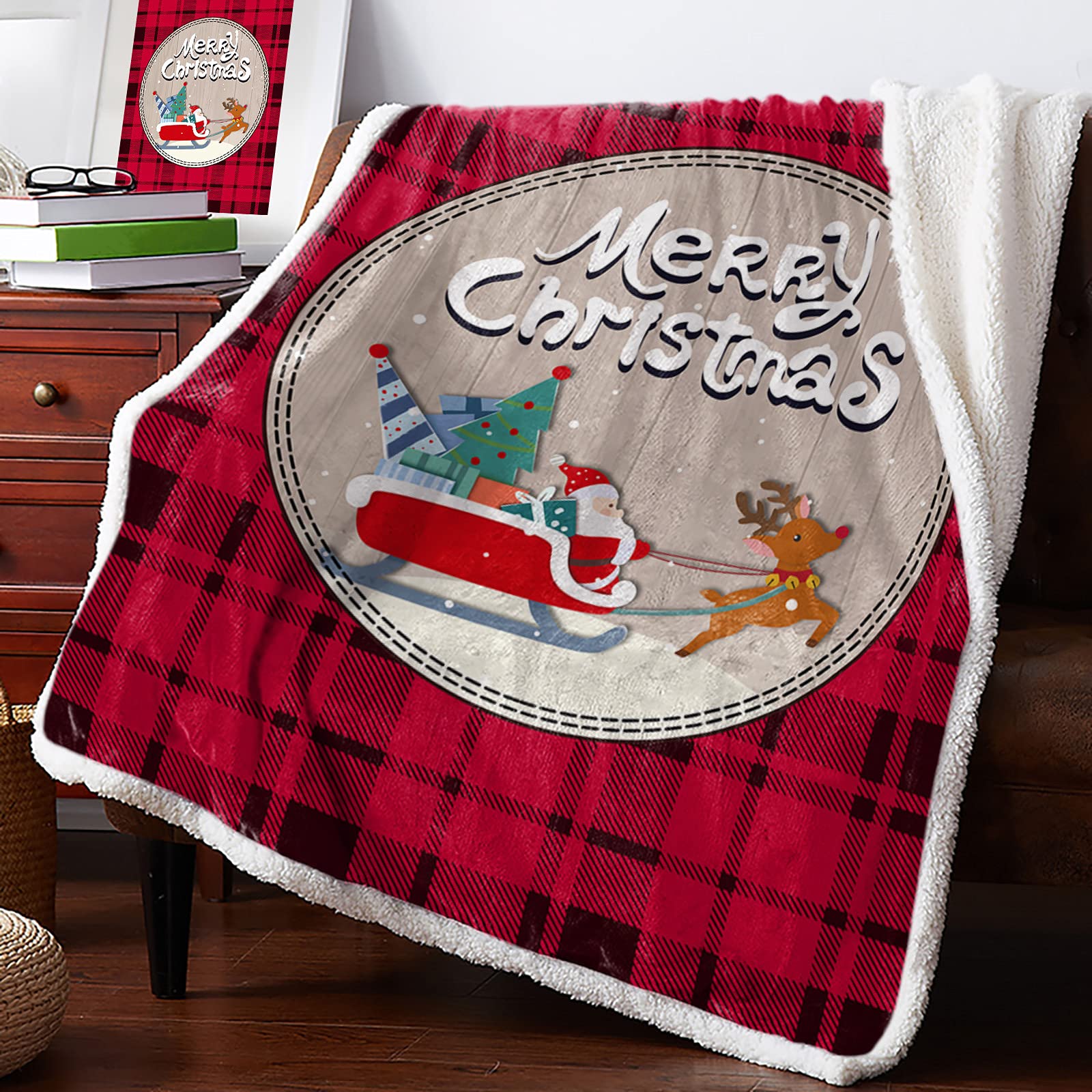 Super Soft IDOWMAT Sherpa Fleece Plush Blanket - Reversible Christmas Santa Claus & Elk Red Plaid Design - Warm Cozy Throw for Couch, Bed, Sofa - Perfect for Kids & Adults (Twin Size 60