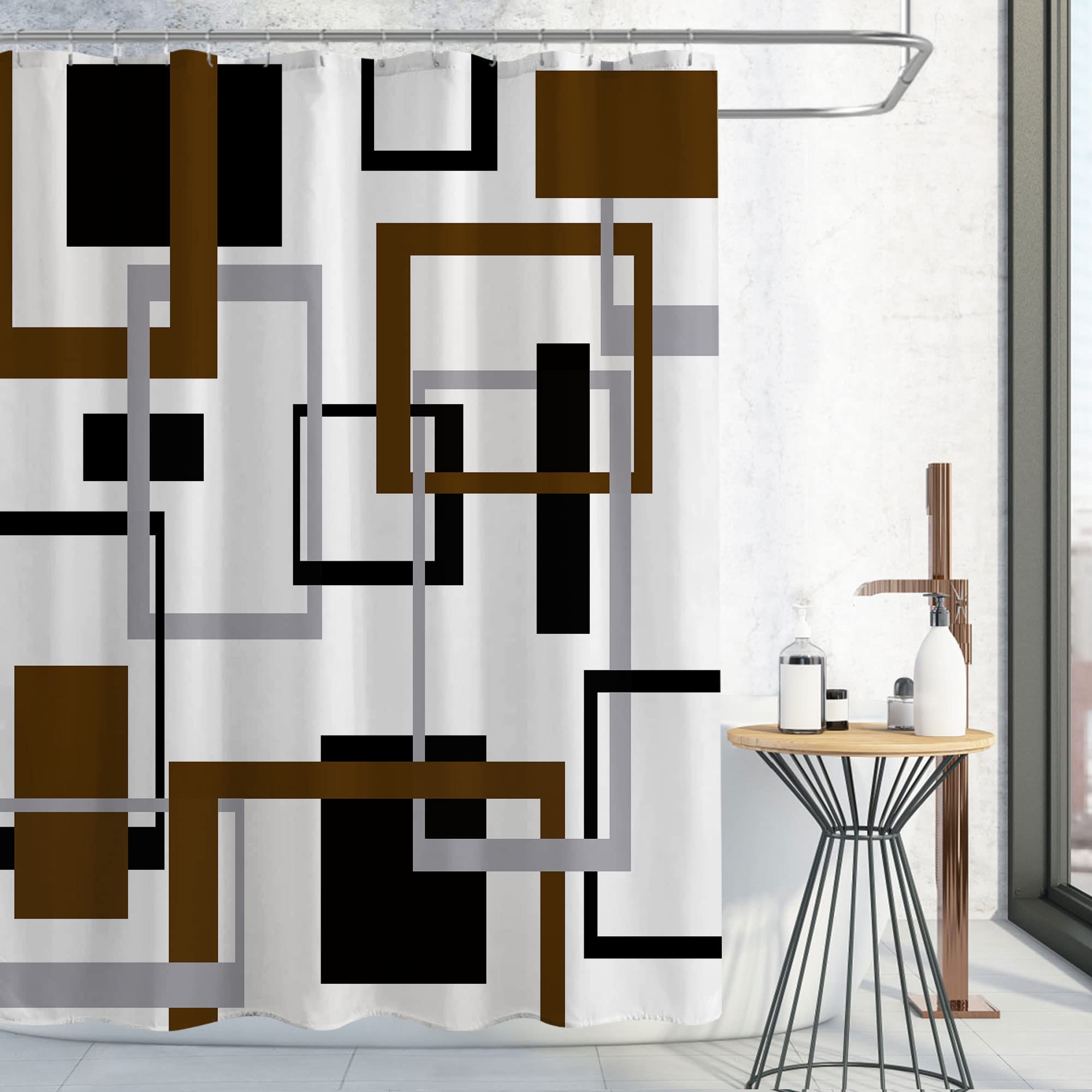 Gibelle 72x78 Inch Long Shower Curtain - Waterproof Brown Black Grey Geometric Bathroom Curtain with Hooks | Mid Century Modern Abstract Design for Bath, Shower, and Spa Decor
