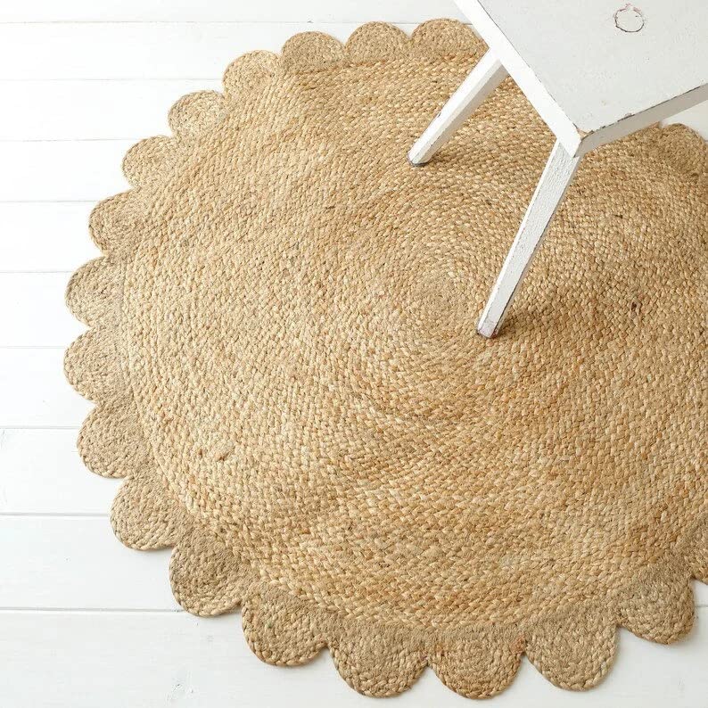 KLAVATE Natural Jute Scalloped Edge Round Area Rug - 8ft Boho Chic Handmade Decor Rug for Living Room, Bedroom & Nursery | Eco-Friendly Home Accent
