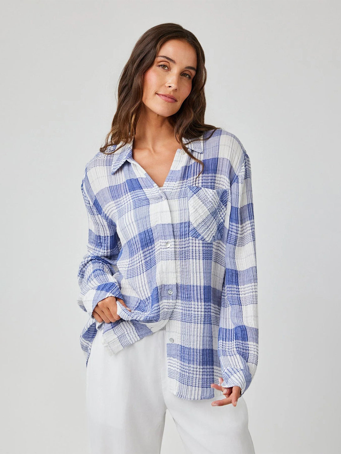 Oversized Pocket Shirt for Women - Soft Flannel Plaid Shirt in Pacific Blue | Casual Loose Fit Long Sleeve Top for Fall, Winter & Layering