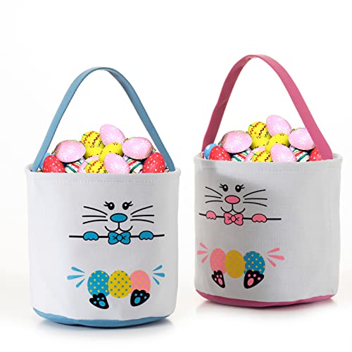 2 Pack Easter Bunny Baskets for Kids - Blue & Pink Canvas Easter Basket Buckets for Egg Hunt, Candy Storage & Party Gifts - Perfect for Easter Celebrations, Spring Festivals & Kids' Holiday Activities