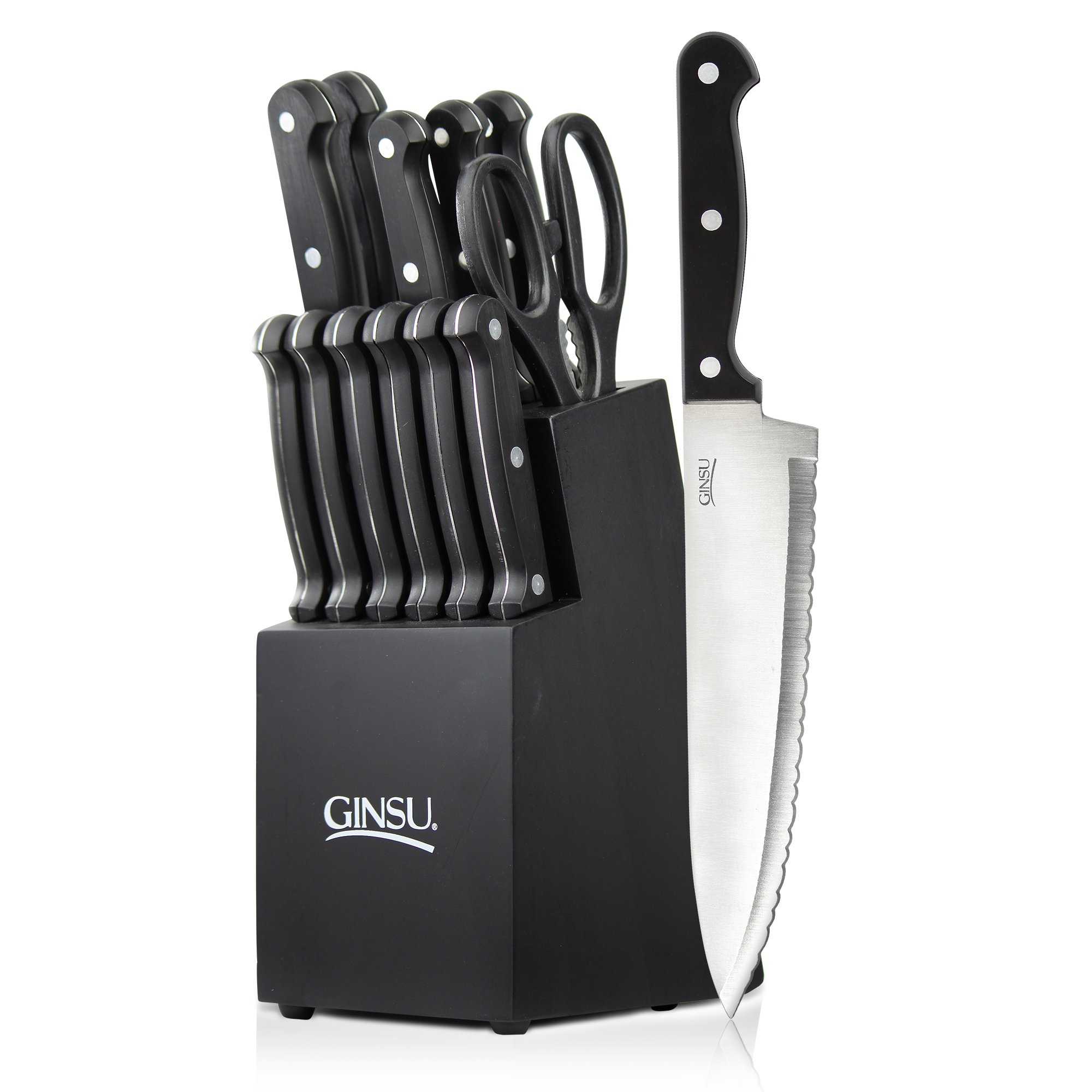 Ginsu Essential Series 14-Piece Stainless Steel Knife Set with Serrated Blades & Black Storage Block – Professional Kitchen Cutlery for Slicing, Dicing & Food Prep – Perfect for Home Chefs & Cooking Enthusiasts