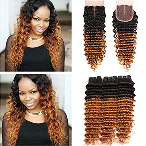 Tony Beauty Hair #1B/30 Medium Auburn Ombre Deep Wave Brazilian Human Hair Bundles with 4x4 Lace Closure (10 12 14 Inches + 8 Inch) - Natural Wavy Weft Extensions for Stunning Ombre Hairstyles | Perfect for Daily Wear, Parties & Special Occasions
