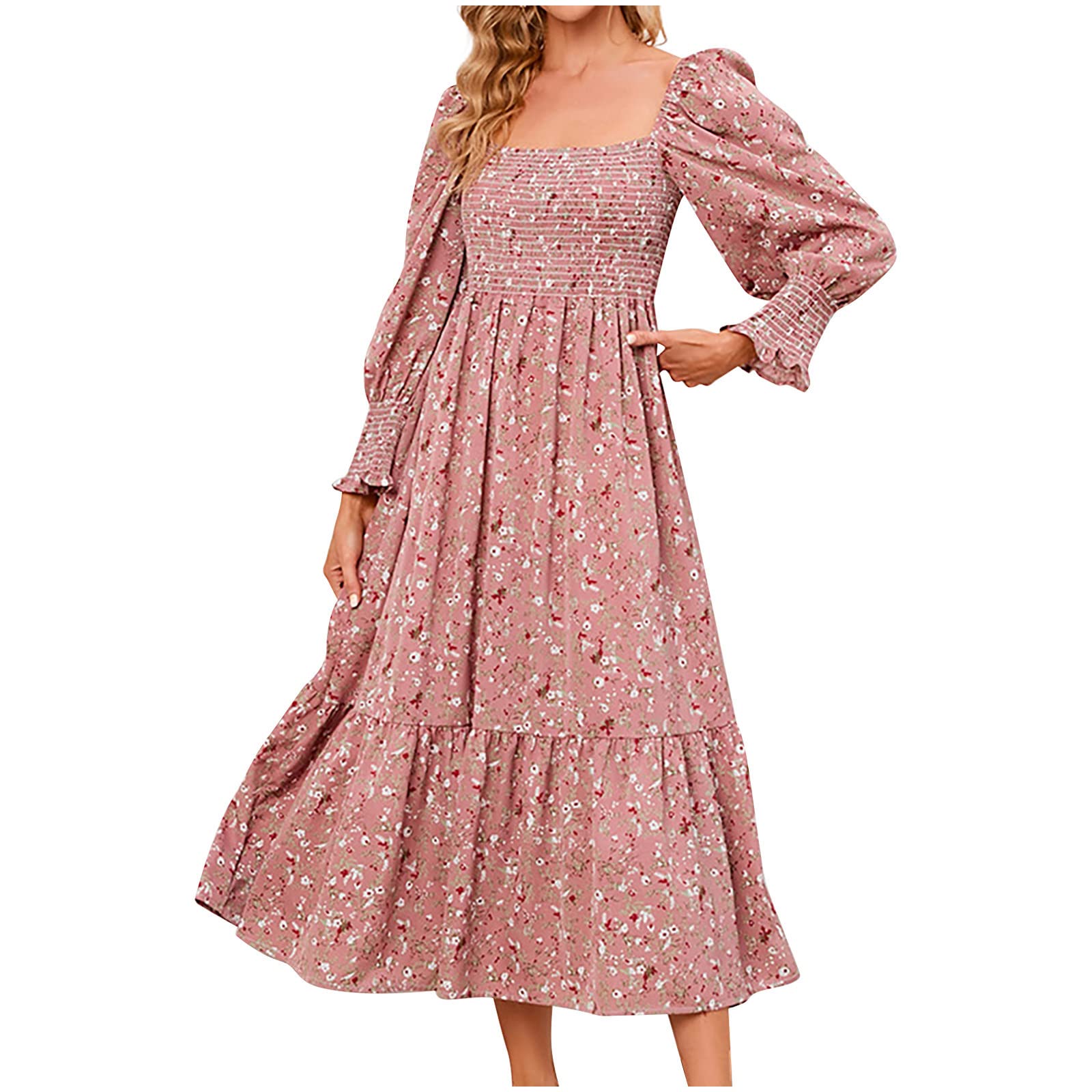Floral Long Dresses for Women - Sexy Long Sleeve Flowy Chiffon Dress with Ruffle Hem & Square Neck - High Waisted Casual Summer Dress for Date Night, Wedding Guest & Beach Vacation
