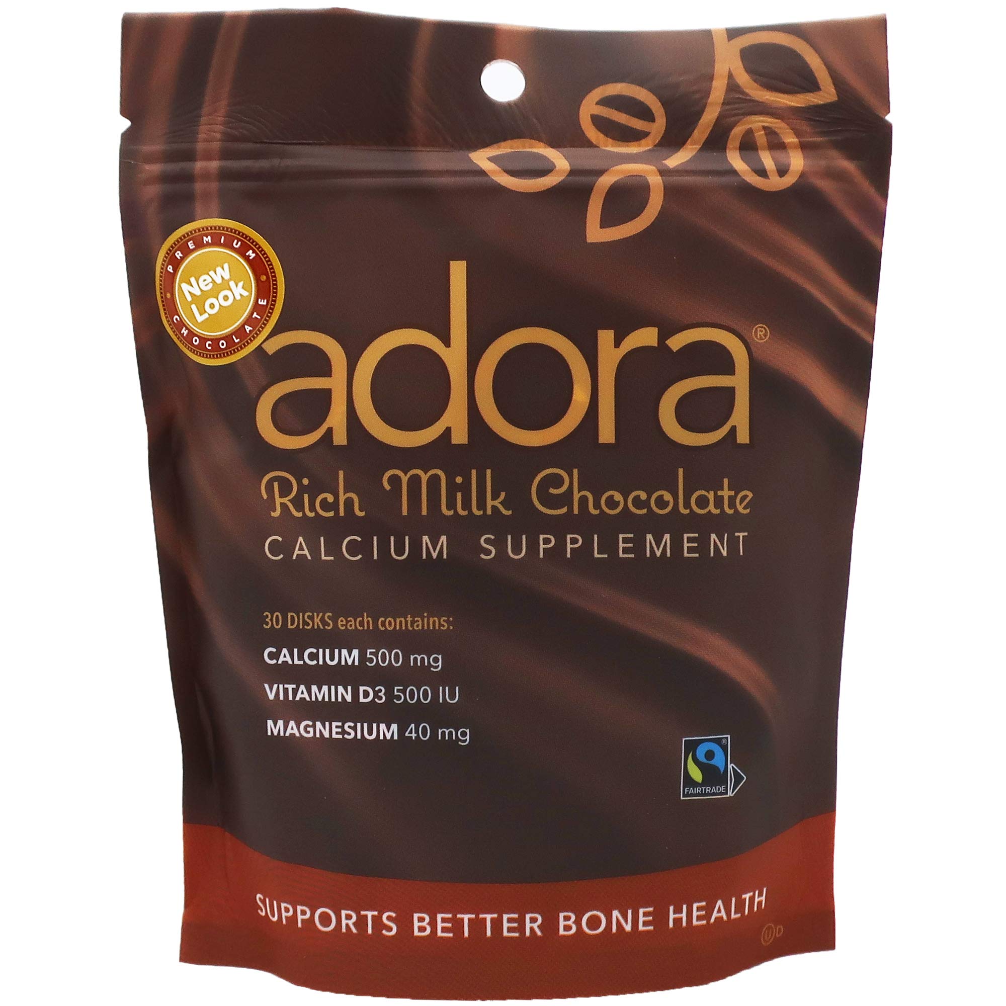 Adora Calcium Supplement Milk Chocolate - Fairtrade Certified, 30 Chews per Pack (12 Packs) - Supports Bone Health & Teeth Strength - Perfect for Women, Men & Kids On-The-Go Nutrition