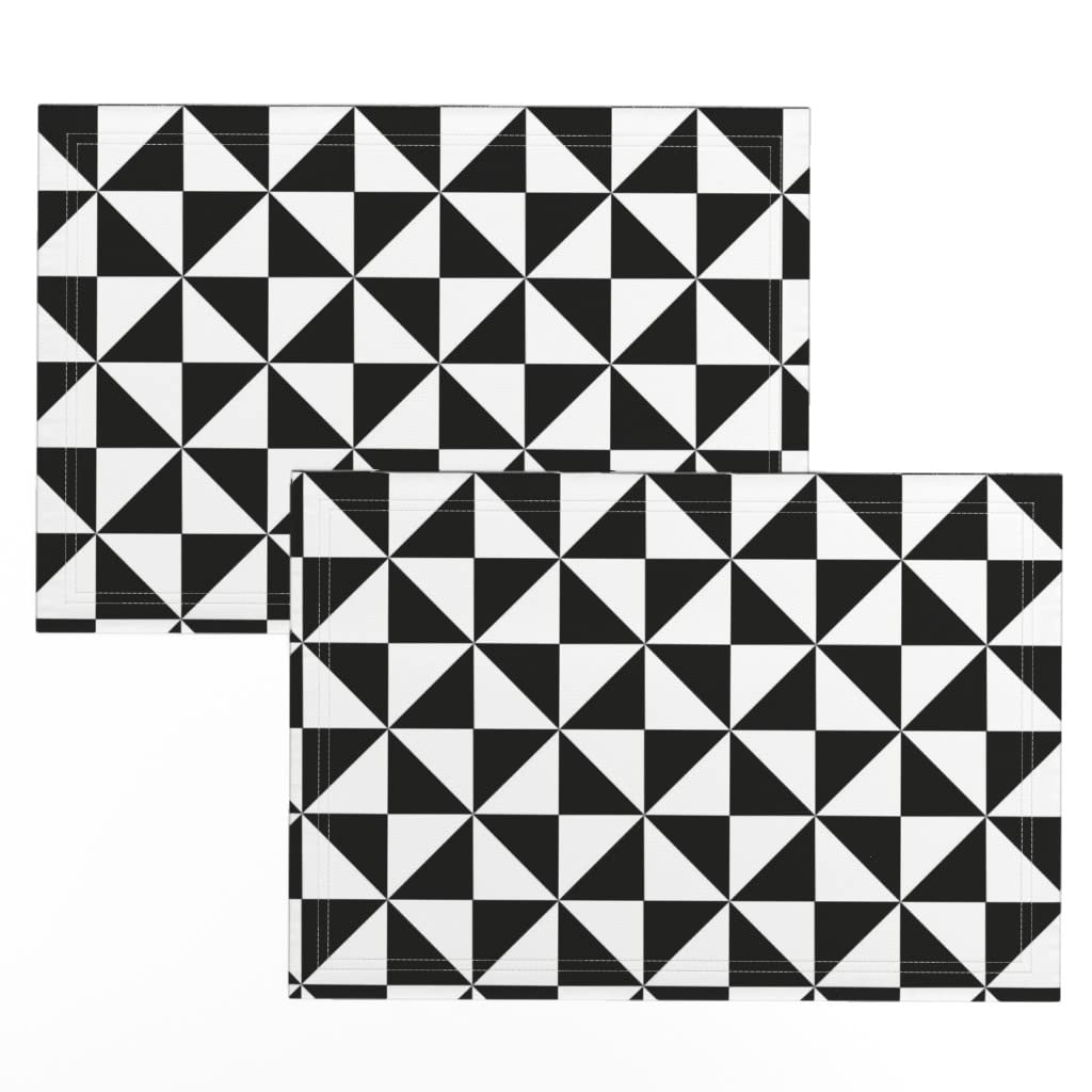 Premium Linen Cotton Canvas Placemats Set of 2 - Black & White Geometric Triangle Pattern - Elegant Table Decor for Dining, Parties & Home Decor