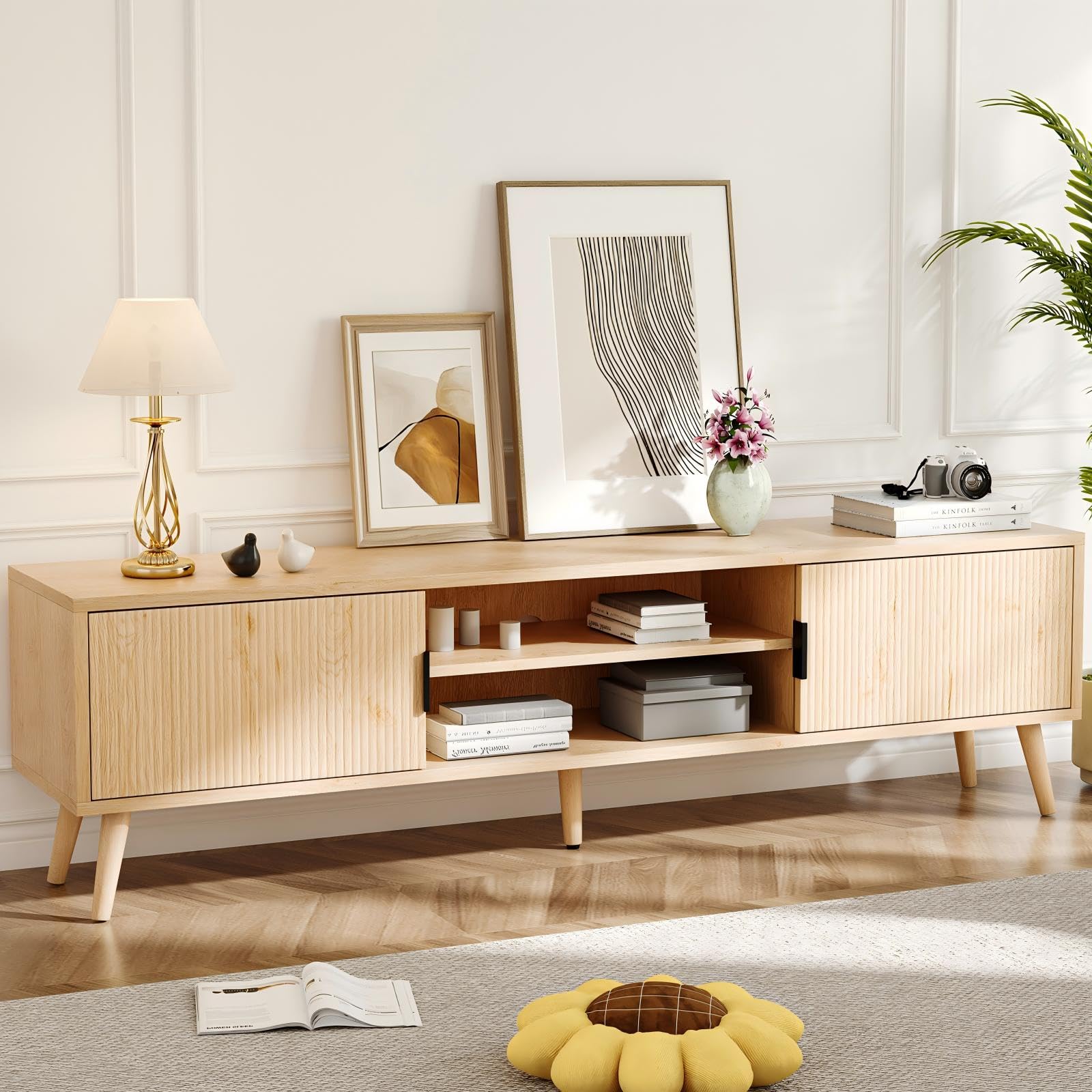 Mid Century Modern TV Stand for 70 Inch TVs - 62 Inch Entertainment Center with Storage, Media Console in Natural Finish - Perfect for Living Room, Home Theater & Office