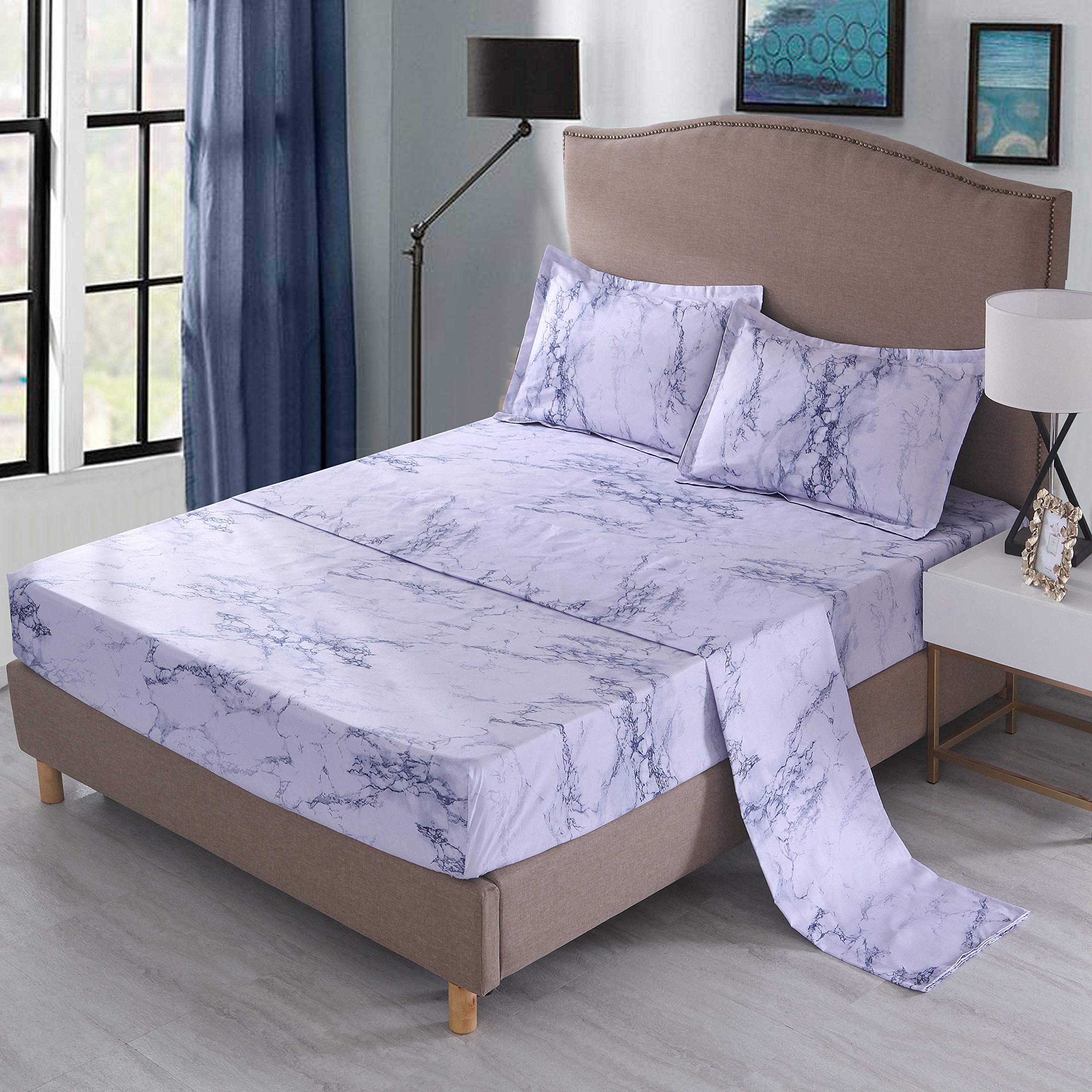 Jejeloiu 3-Piece Marble Sheet Set Twin Size - Ultra Soft White & Blue Marble Print Bed Sheets for Kids & Adults - Deep Pocket Fitted Sheet, Flat Sheet & Pillowcases - Perfect for Kids' Rooms, Guest Beds & Dorm Decor
