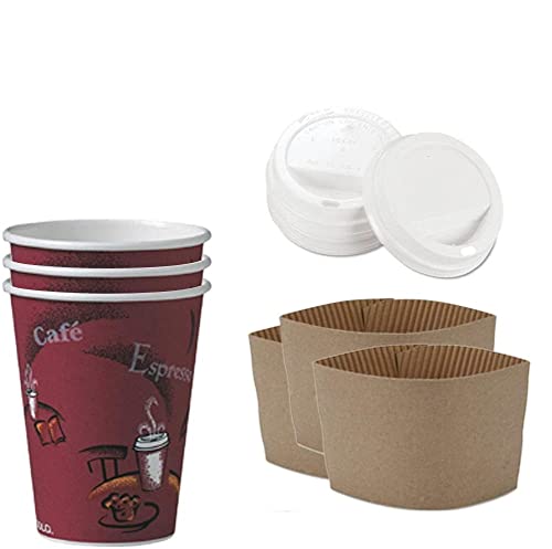 Mr Miracle Set of 50 Dart Bistro 412SIN-0041 Coffee Cups with White Lids & Kraft Paper Sleeves - Perfect for Coffee Shops, Offices, and Catering Events