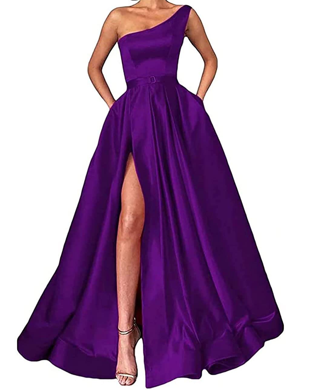 Elegant One Shoulder Prom Dresses 2024 - Satin A-Line Formal Bridesmaid Gowns with Thigh High Split & Pockets | Women's Maxi Party Dress for Homecoming, Wedding, Cocktail Events
