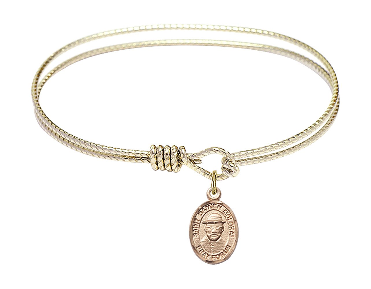 6 1/4 Inch Oval Eye Hook Bangle Bracelet with St. Damien of Molokai Charm - Religious Jewelry for Women, Catholic Gifts, Faith-Based Accessories - Perfect for Church, Daily Wear & Special Occasions